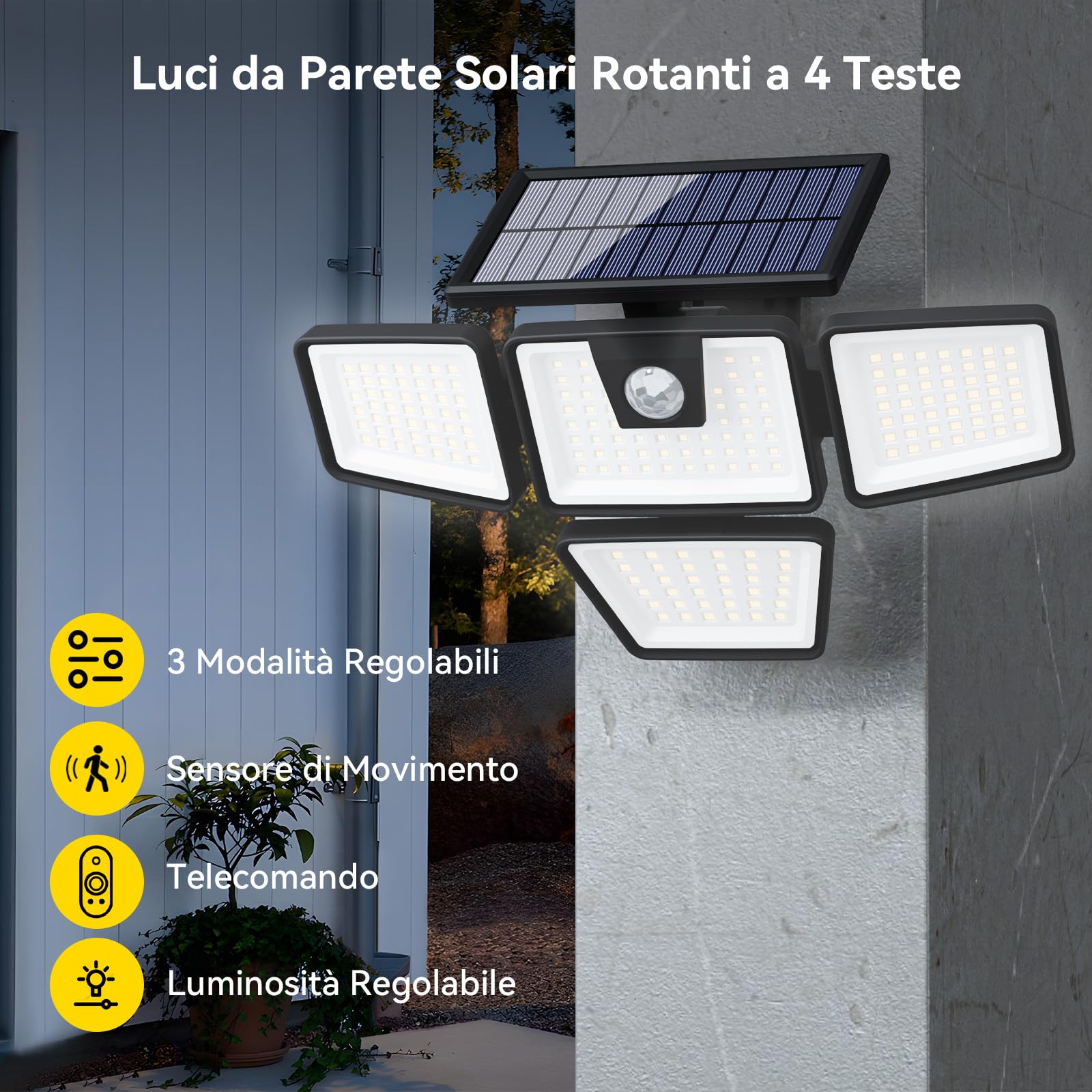 Kasonic - Luci solari per esterni, con sensore di movimento a 392 LED, 4 teste, illuminazione grandangolare, impermeabilità IP65, luci di sicurezza, per veranda, cortile, giardino, vialetto, garage,