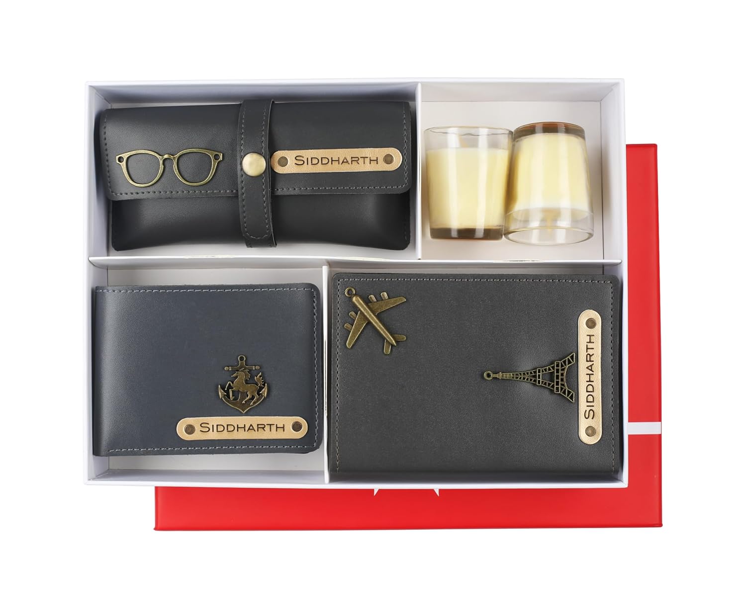 Aica Personalized Name & Charm Leather Mens (Grey) Combo | Men Scented Candle & Leather Giftset for Christmas Secret Santa New Year Gift Men Father Brother Husband Friend Family Office Colleagues