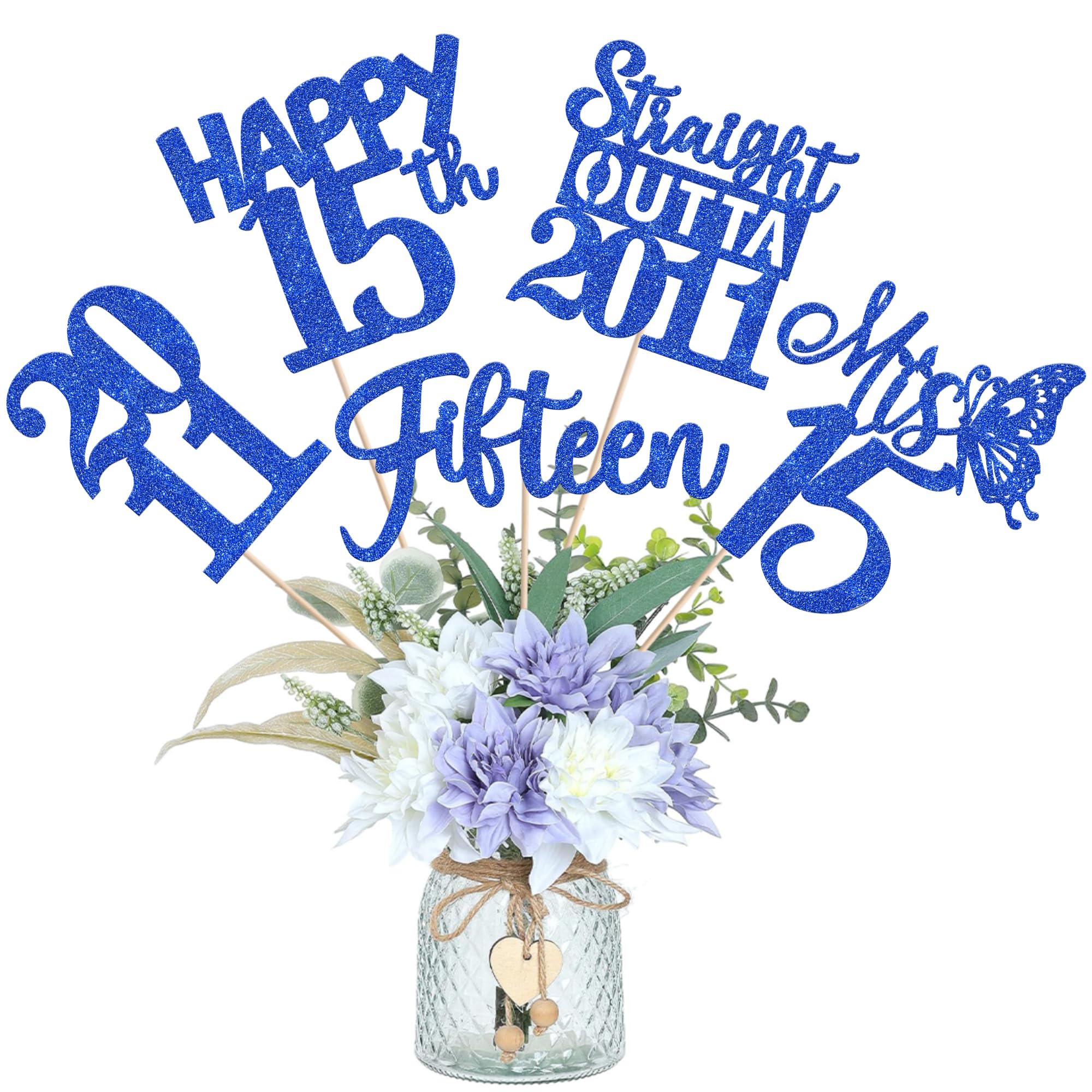 15PCS 15th Birthday Centerpiece Sticks Fifteen Happy 15 Straight Outta 2011 Table Flower Centerpieces Sticks Cheers to 15 Floral Decorations for 15th Birthday Party Centerpieces Supplies Blue