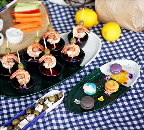 Miniatura 6 de roro Platos de cerámica hechos a mano, ovalados de 11.5 pulgadas, diseño moteado de dos tonos verde y blanco marfil, juego de 2, ideal para