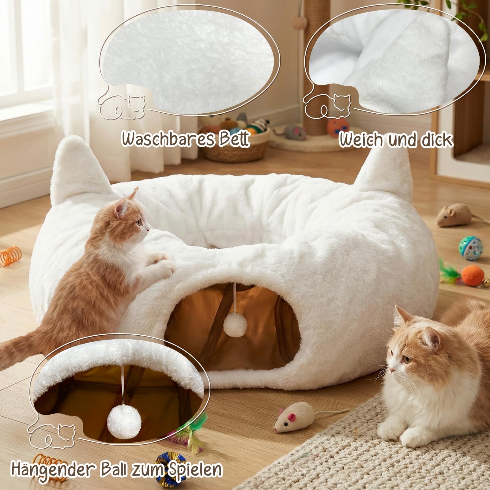 Katzentunnel Rund Weiß mit Katzenbett, Weicher Plüsch Katzen Donut Tunnel Spielzeug mit Waschbarem Kissen, Peekaboo Katzenhöhle Spieltunnel XXL für Indoor Katzen & Haustiere
