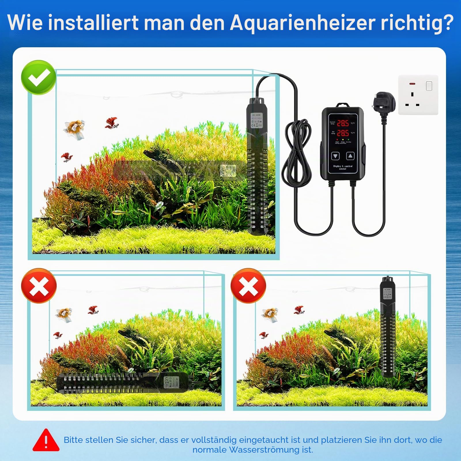 Aquarium Heizung, 500W Einstellbare Aquarium Heizstab mit Externem Digitalanzeige LED Controller, Übertemperaturschutz, Heizung für Aquarien für Salz- und Süßwasser(100-300L)