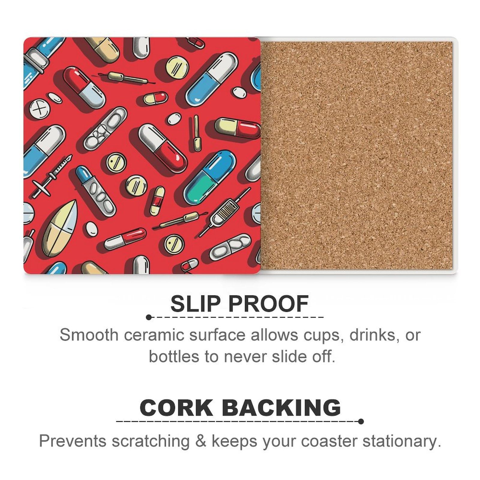4 posavasos cuadrados de cerámica para bebidas, patrón de píldoras rojas, posavasos impresos para el hogar y el café, regalos de cumpleaños, adecuados para tipos de tazas
