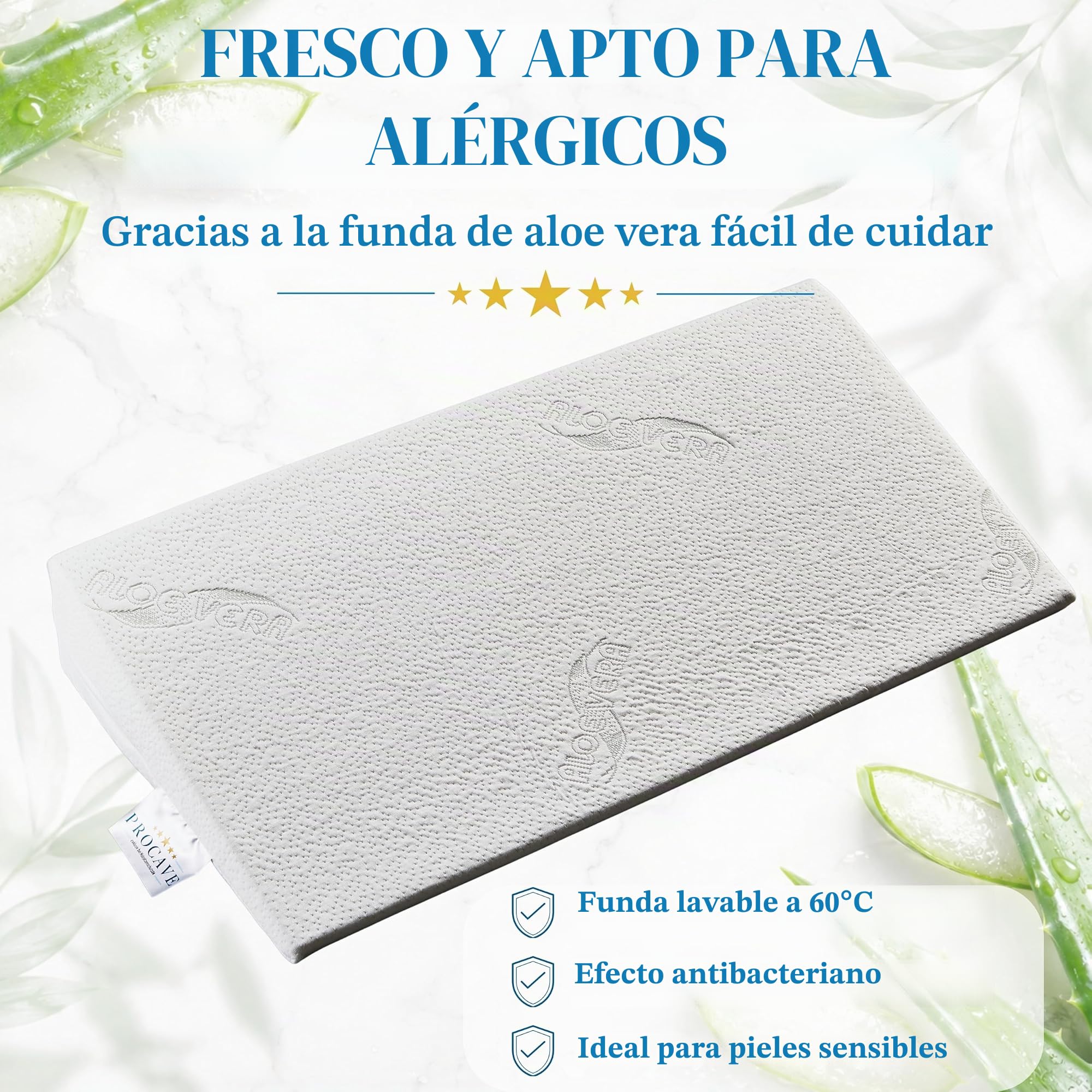 PROCAVE - Almohada de cuña con Funda, Funda de Doble paño de Aloe Vera, weiß, 90 cm
