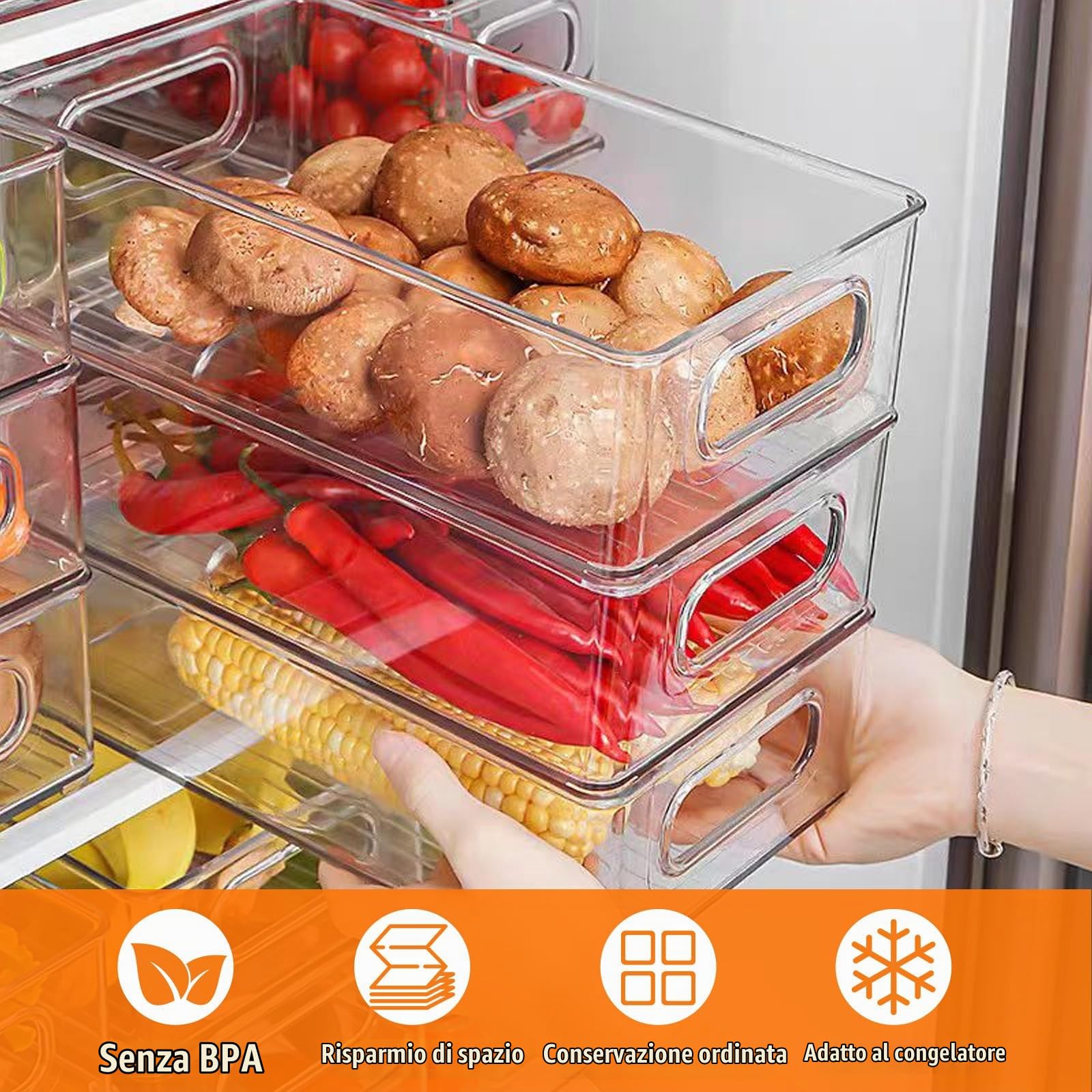 6Pcs Organizer Frigorifero con Maniglia,Organizzatore Cucina per Snack & Lattine, Set Contenitori Trasparente Impilabili per Frigo,Bagno,Dispensa Armadietti,Cassetti Frigoriferi,Ripiani (2 Dimensioni)