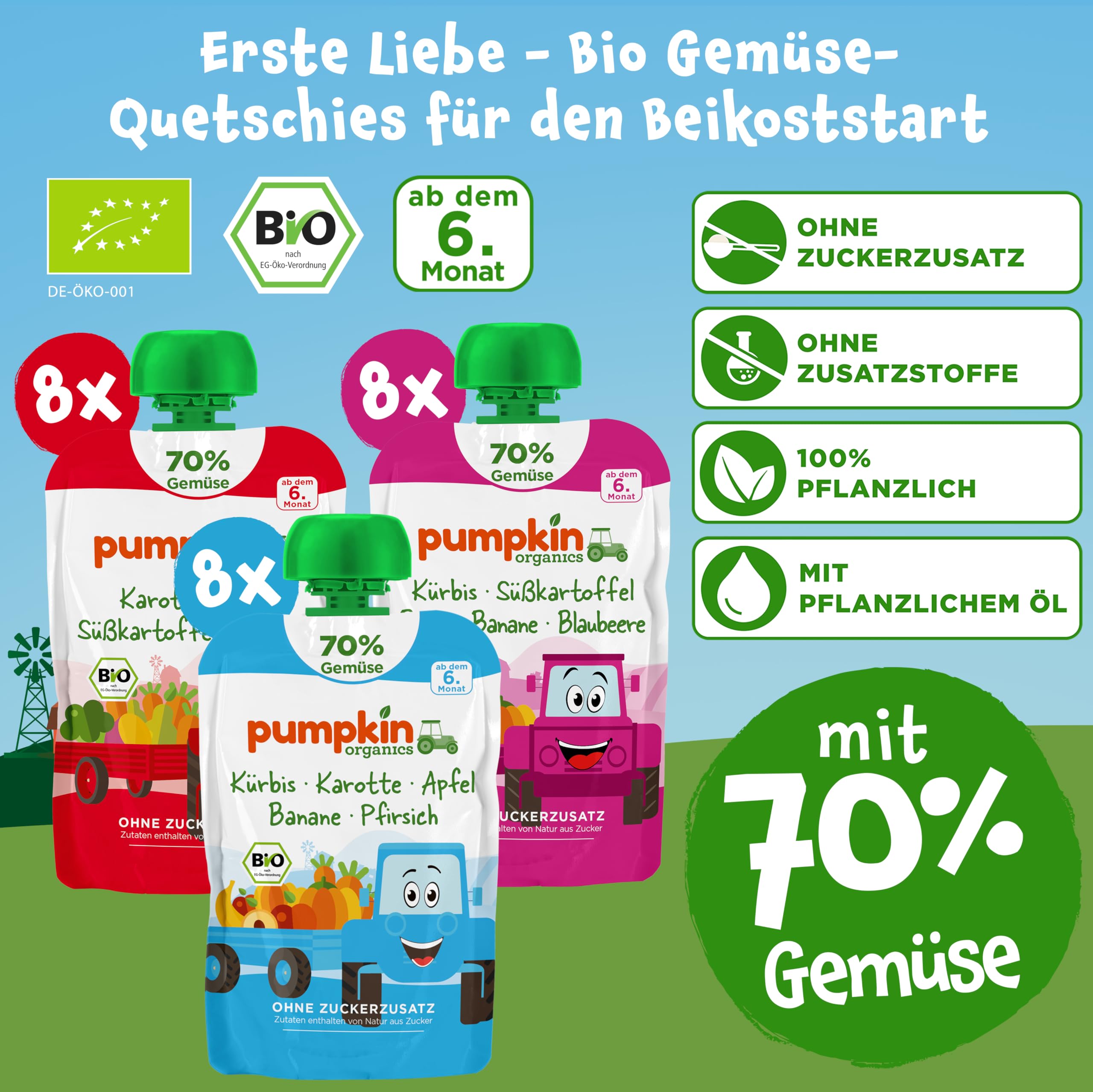 Pumpkin Organics 24er Pack ERSTE LIEBE Bio Gemüse-Quetschies mit 1 Löffelaufsatz - Quetschie ohne Zuckerzusatz¹ - Beikost unterwegs - für Babys ab dem 6. Monat - Kennenlernpaket (24x100g)