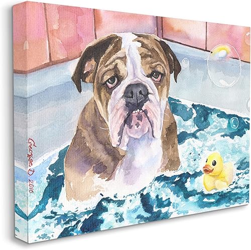 Stupell Industries Lienzo decorativo para pared, diseño de bulldog inglés en la bañera, diseño de George Dyachenko, 24 x 30 pulgadas, color azul