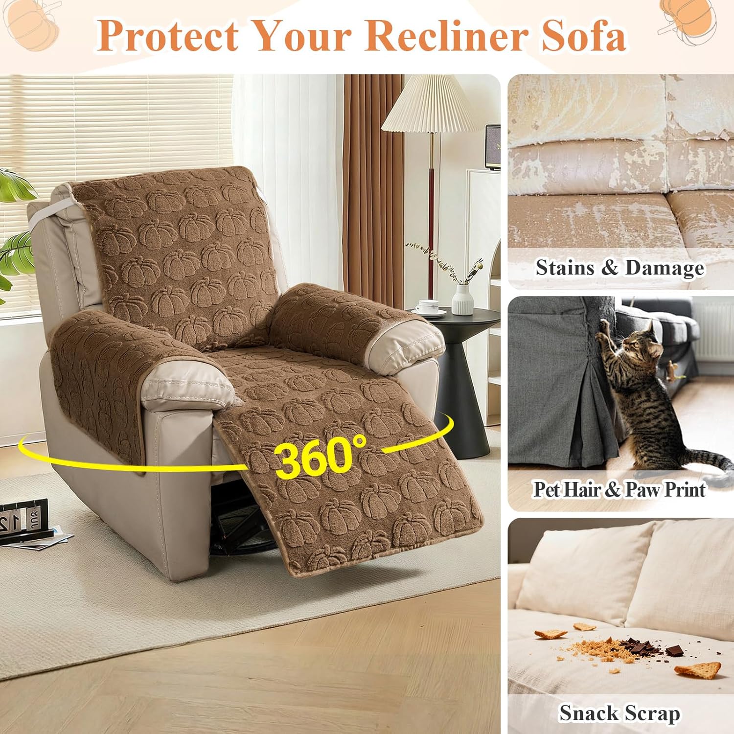 LiveGo Recliner Chair Cover, 400g Faux Rabbit Plush Recliner Covers Slipcovers, Non-Slip Thick & Cozy Armchair Furniture Protector with Elastic Belt & Silicone Grips for Living Room Bedroom