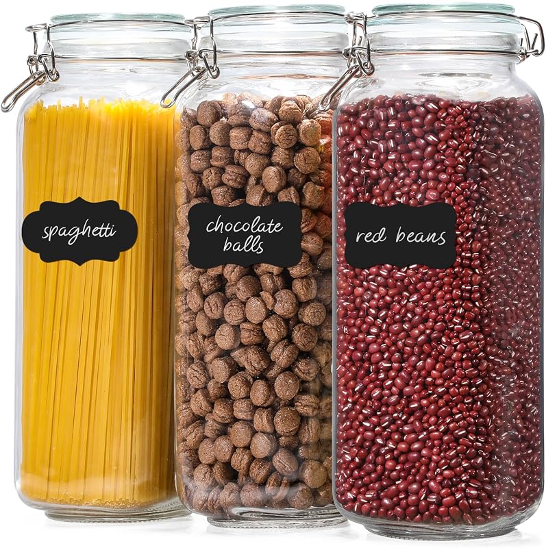 [ Taller ] 92oz Glass Jars with Airtight Lid, Large Glass Food Storage Jars, 3 Pack Wide Mouth Airtight Glass Jars for Kitchen Pantry Spaghetti, Square Mason Jars with Labels