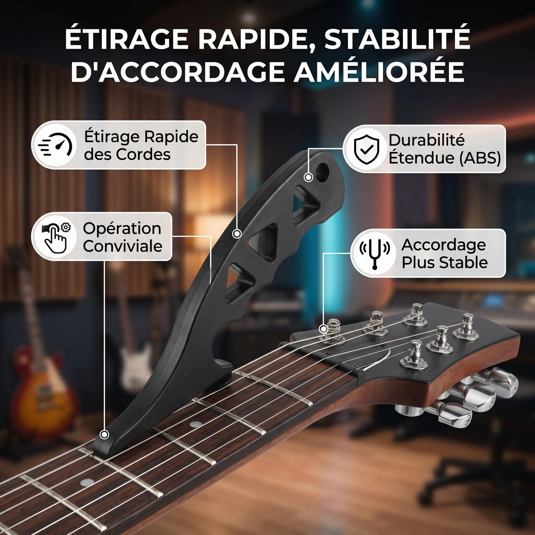 Narzędzie do rozciągania strun gitarowych, napinacz strun gitarowych, czarny, plastikowy, urządzenie do ulepszania strojenia gitary, narzędzie do rozciągania skrzypiec elektrycznych