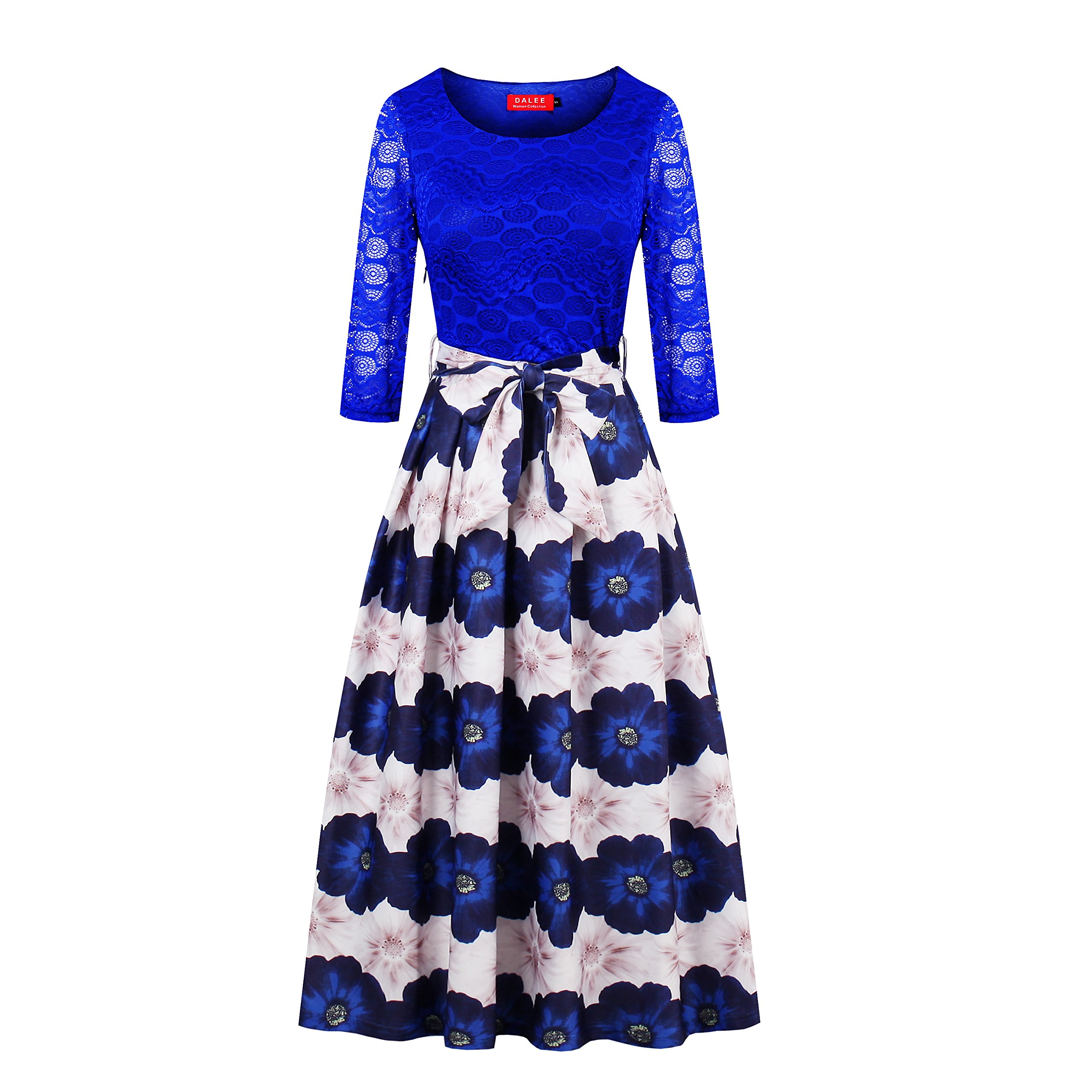 Women's Vintage 1950s 3/4 Sleeve Lace Floral Printed Cocktail Evening Dress (M, Blue-2)