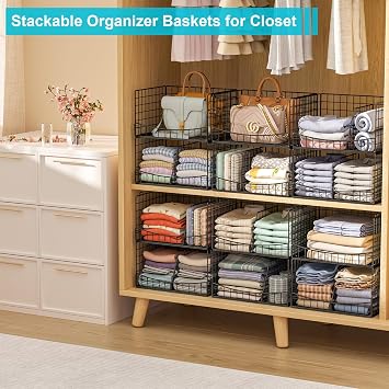 Hongtamoya 4-Tier Closet Organizers and Storage Basket with Divider, Foldable Closet Shelf Organizer System, Space-Saving Clothes Storage Drawer Organizer Bins for Wardrobe Cupboard, Black