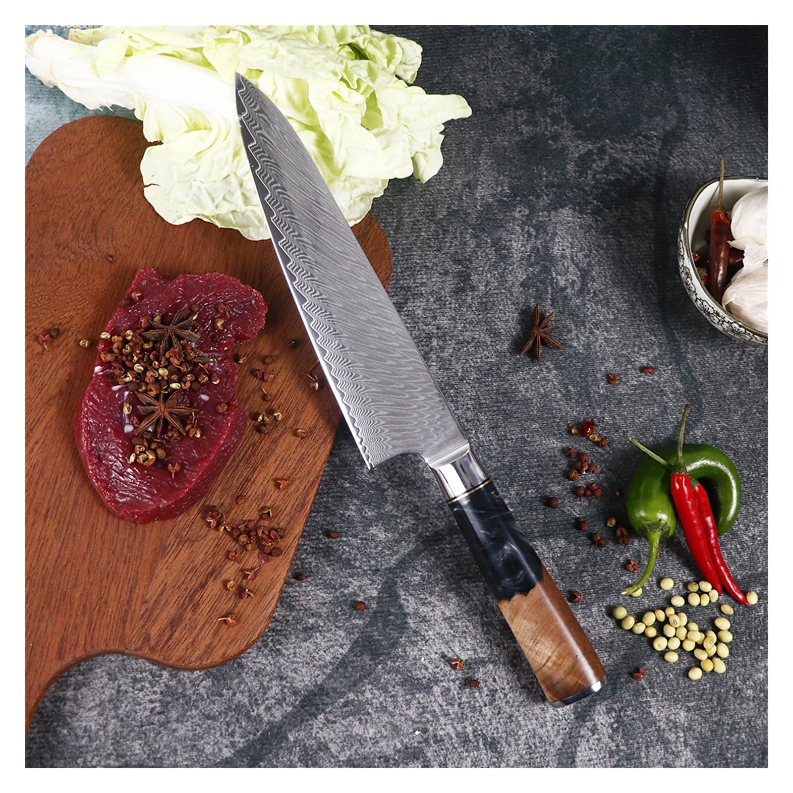 Set di coltelli da cucina professionale in acciaio damasco for chef, pelare il pane, Santoku, affilato