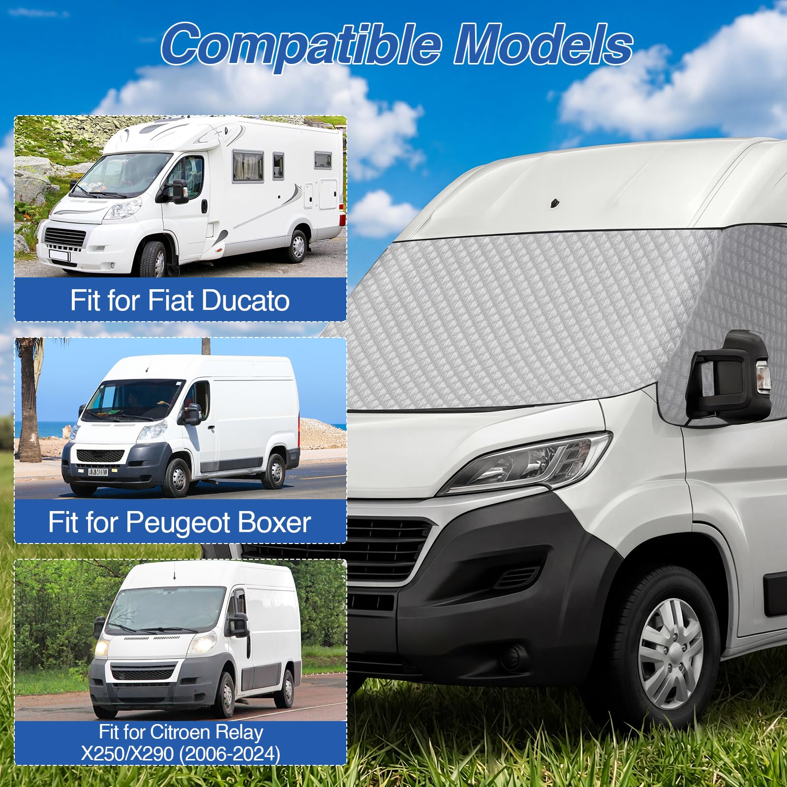 Windschutzscheiben Abdeckung Kompatibel mit FIAT Ducato, Peugeot Boxer, Citroen Relay X250/X290 (2006-2024), Frontscheiben Sonnenschutz mit Aufbewahrungstasche, Wasserdicht Anti-UV Frostschutz