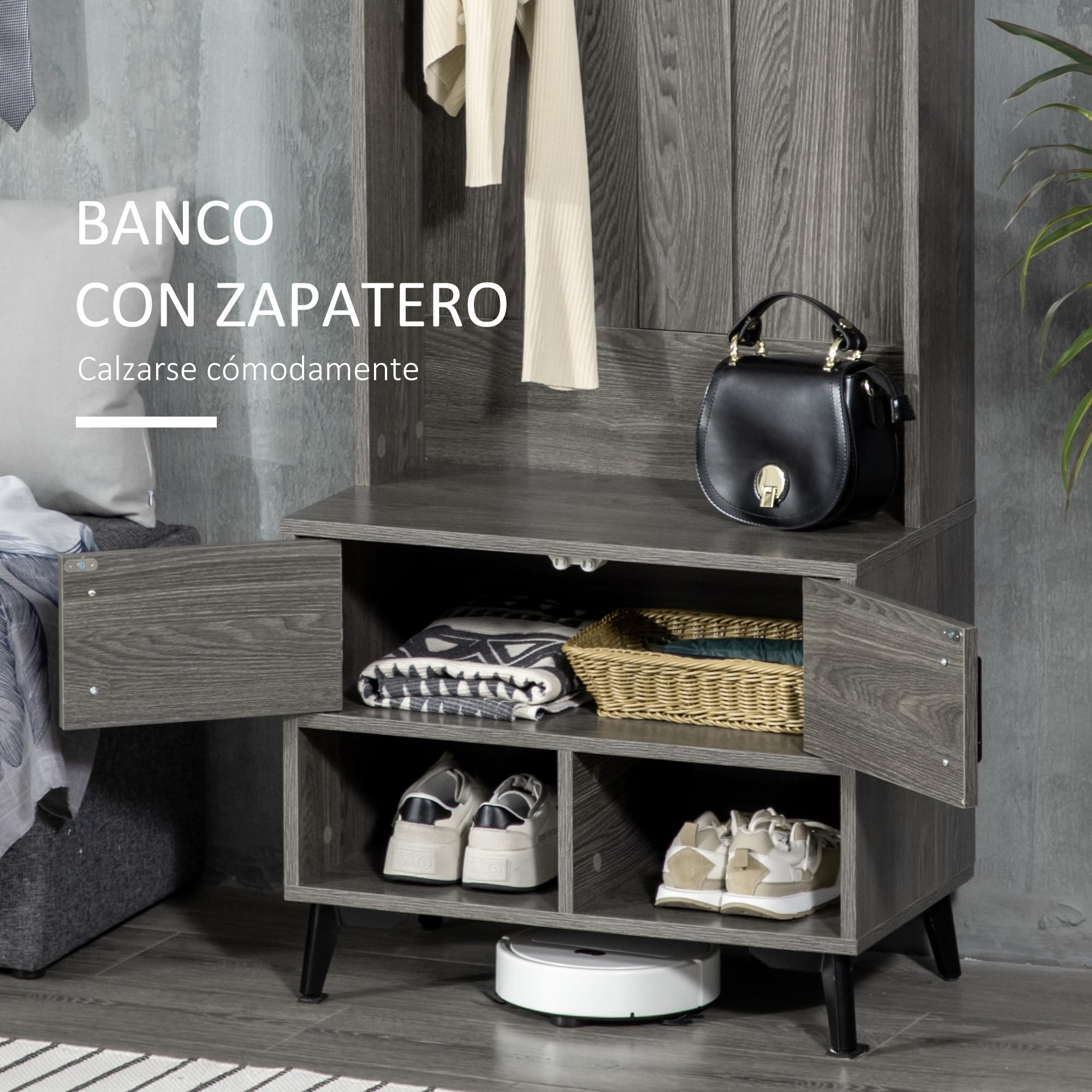 HOMCOM Perchero con Zapatero Recibidor con 3 Ganchos 60x34x170 cm Gris | Perchero Entrada, 2 Puertas, 2 Compartimientos, Estante de Almacenamiento, para Pasillo