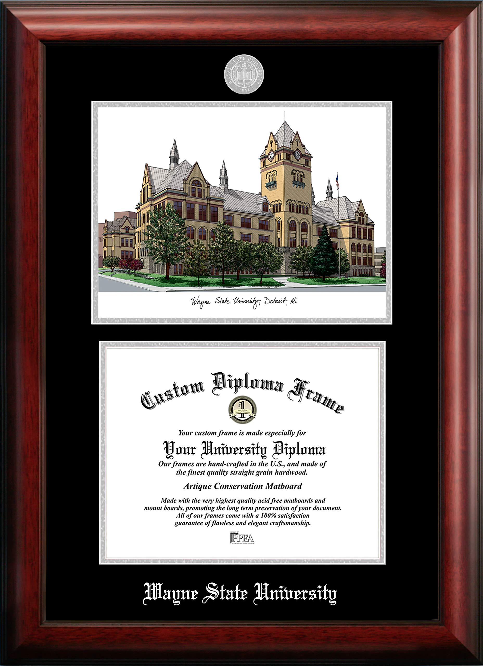 Campus Images NCAA Wayne State Warriors Unisex Silver Medallion Frame Wayne State University 10w x 8h Silver Embossed Diploma Frame Lithograph, Brown, One Size