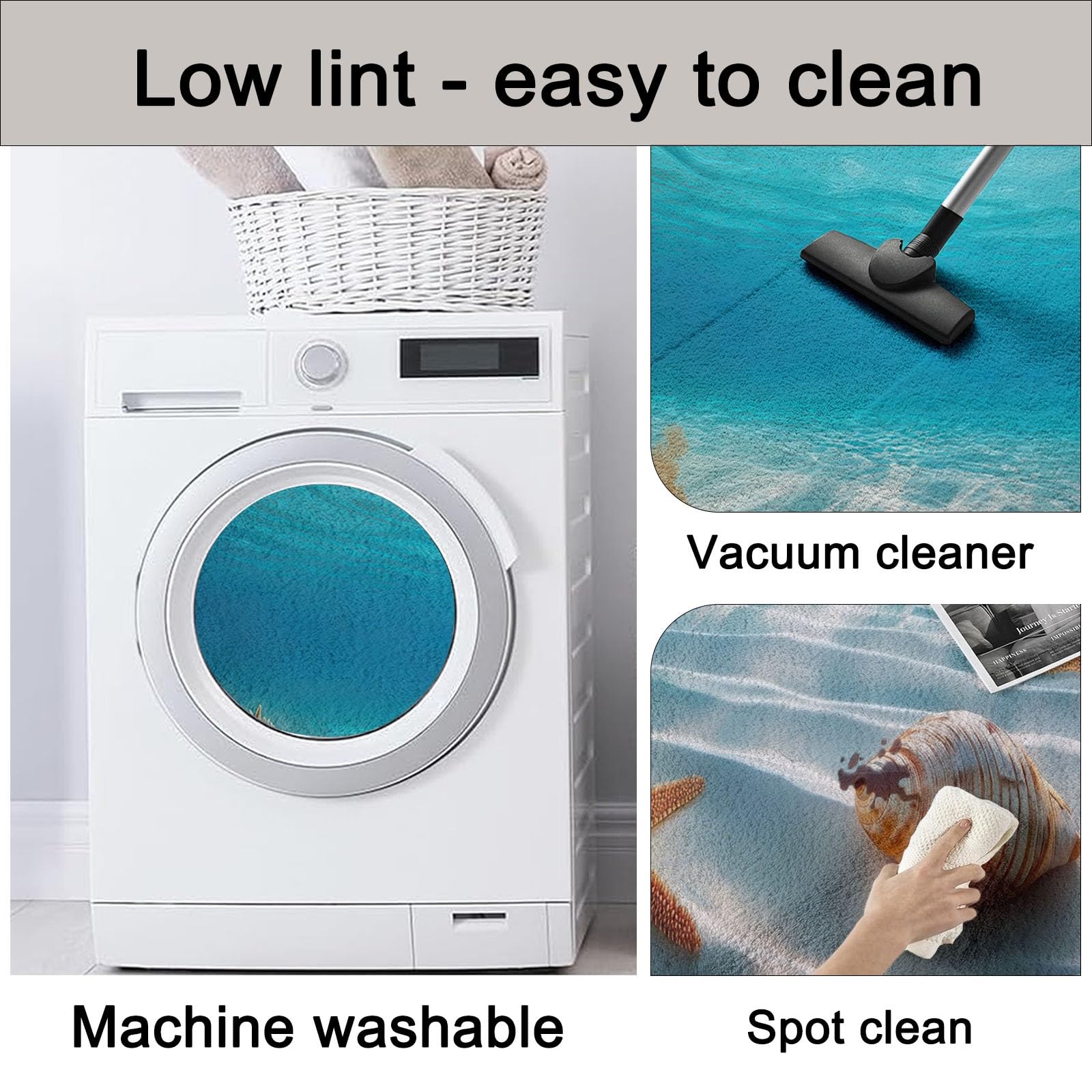 Tapis Poil Ras Antidérapante, Style Décontracté Bleu Et Blanc Lavable Machine Résistante à la Tache Moquette, Monde sous-Marin Plage Étoile De Mer Coquillage Tapis pour Couloir Chambre, 100 x 150 cm