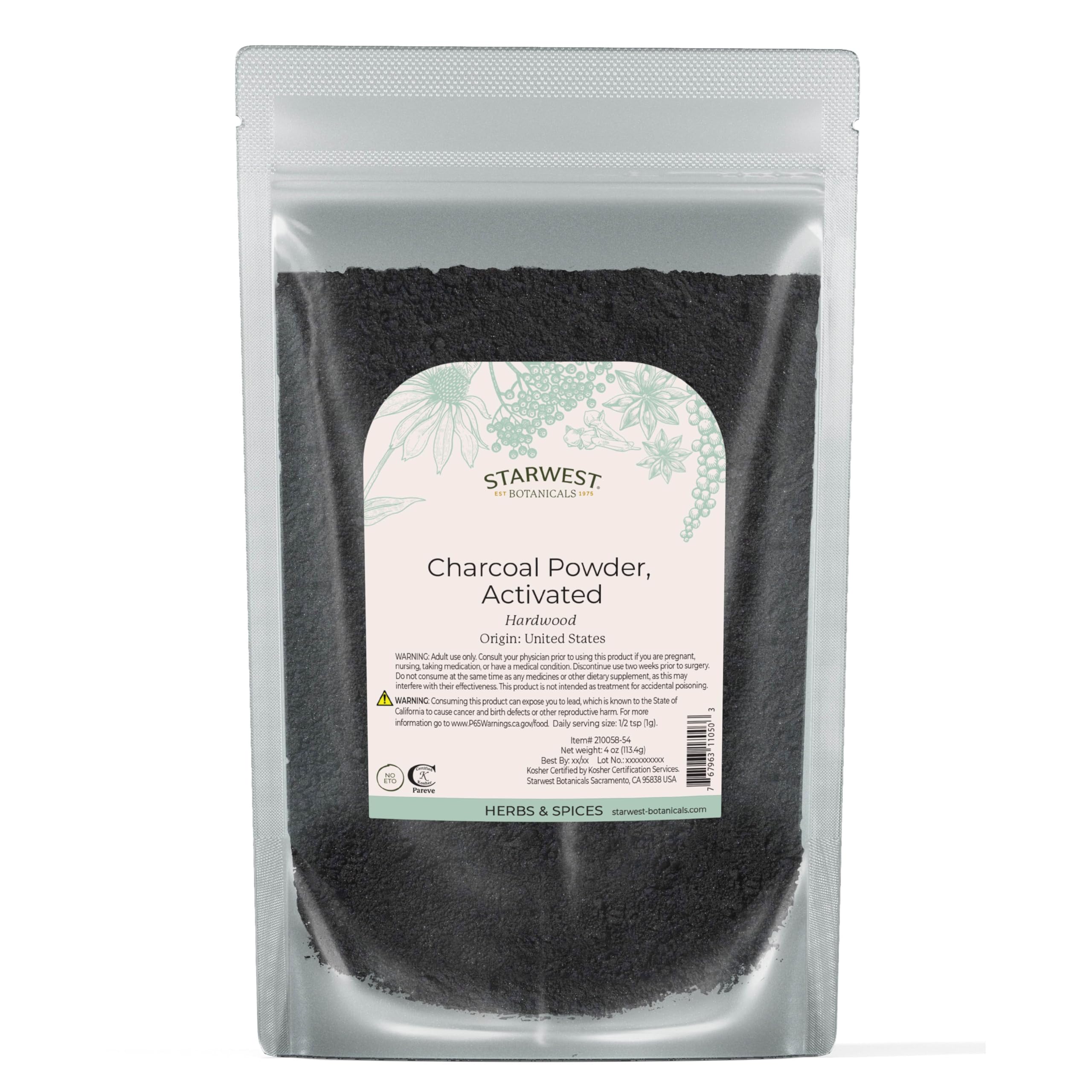 Starwest BotanicalsActivated Hardwood Charcoal Powder - Use for Teeth Whitening, Face Masks, Skin Care, & Cleaning, Food Grade as a Processing Aid, Certified Kosher - 4 oz Bag