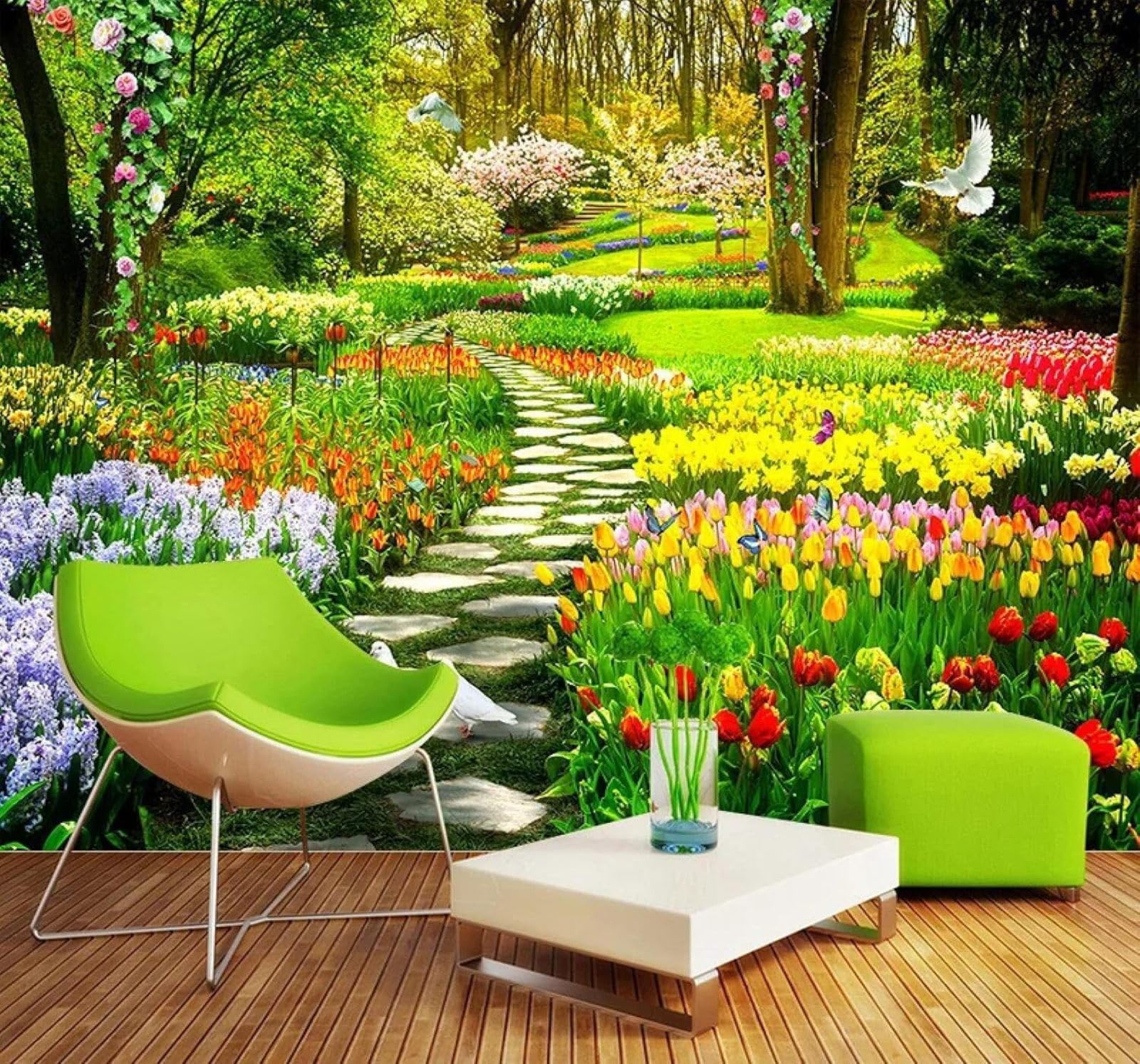 Xlming 300Cm×210Cm(B×H) Picturesque Natural Scenery Flowers Lawns Paths 3D Wallpaper Luxury Home Dining Decor Paste Sofa Living Room The Wall For Bedroom Mural-300Cm×210Cm