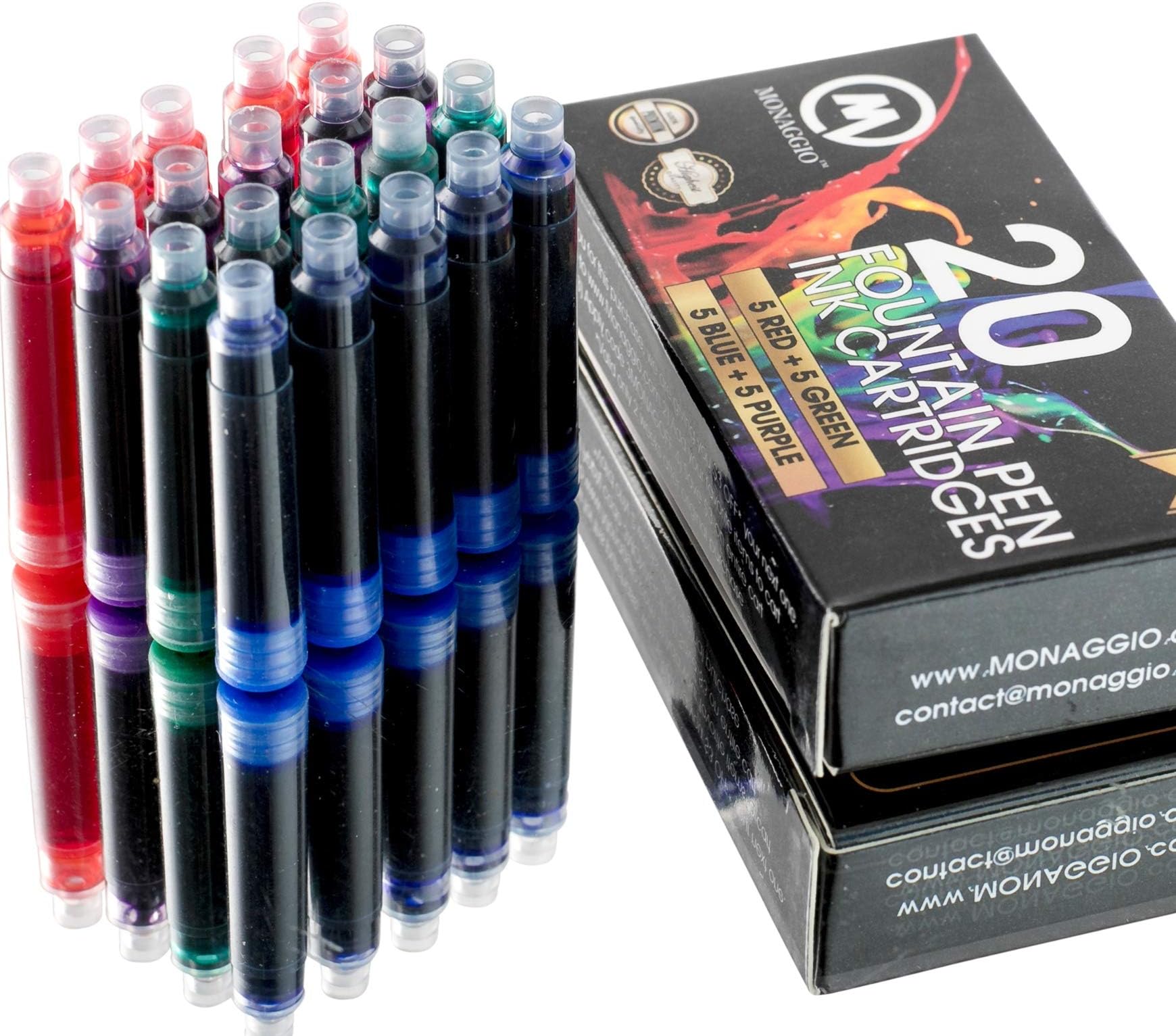 MONAGGIO Extra Ink Cartridges for Most Fountain Pens: 20 Refill Cartridges (5 Red, 5 Green, 5 Blue, 5 Purple) - Calligraphy, Fountain Style, Fine Point, Non-Toxic