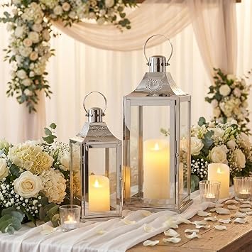 TRIROCKS Set of 2 Stainless Steel Lanterns 17"&12" H Decorative Outdoor Lantern Candle Holder with Tempered Glass for Living Room Wedding Parties Gifts Indoors OutdoorsSilver