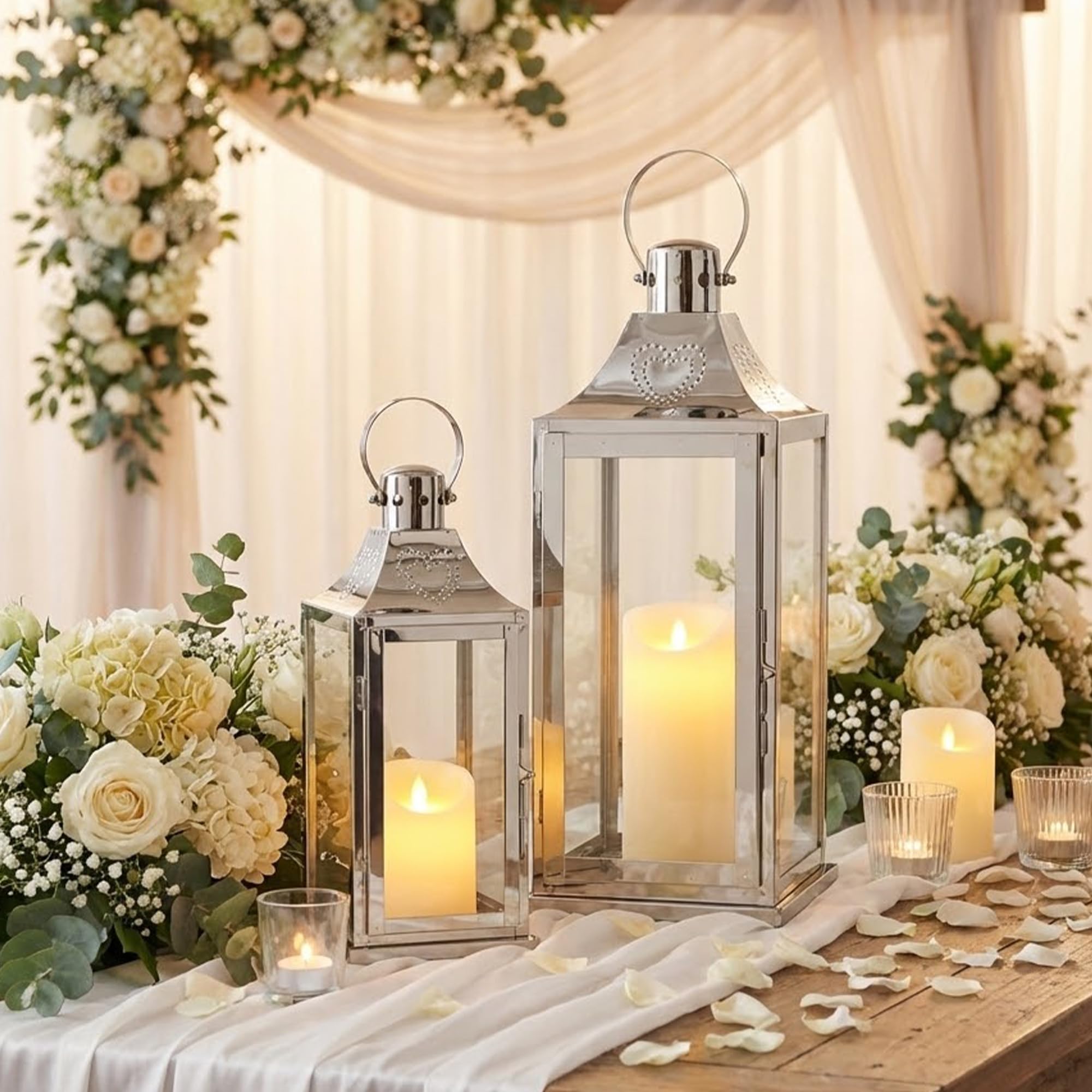 Trirocks Silver Finish 43 & 30 Cm H Set Of 2 Stainless Steel Decorative Lanterns 43 & 30 Cm H Candle Holders With Tempered Glass For Home Decor Living Room Wedding Parties Events Tabletop Indoors Outdoors(Silver)
