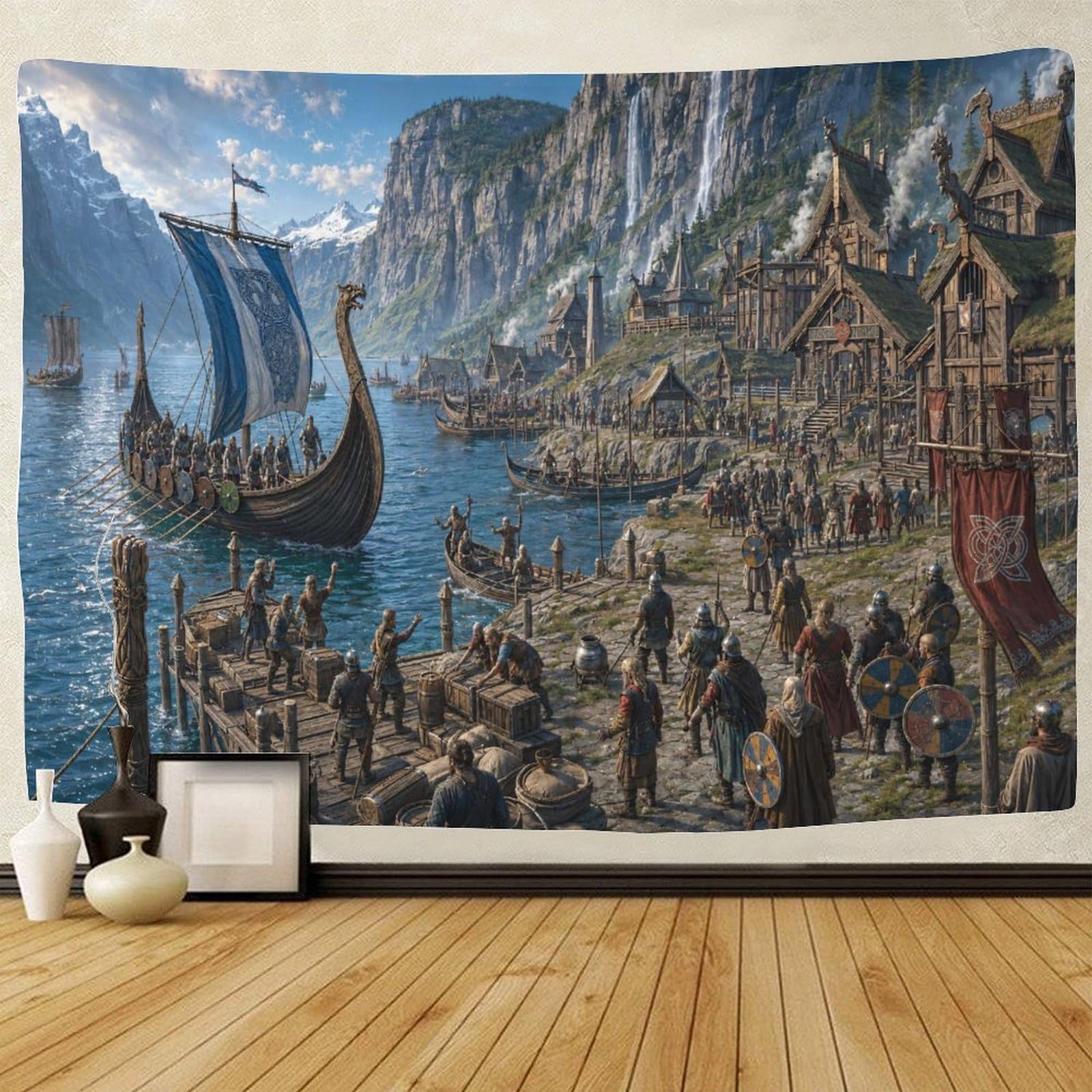 Asdfghjklza Style-1 Viking Longship Nordic Fjord Village Tapestry, Dorm Room Decor