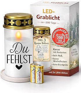 Grablichter LED mit Batterie I Grabkerzen Wetterfest für draußen mit Flackereffekt I Friedhofskerzen bis 6 Monate Leuchtdauer I Stilvolle Gedenkkerze inkl. 3 Sticker zur Gestaltung I Drytogo