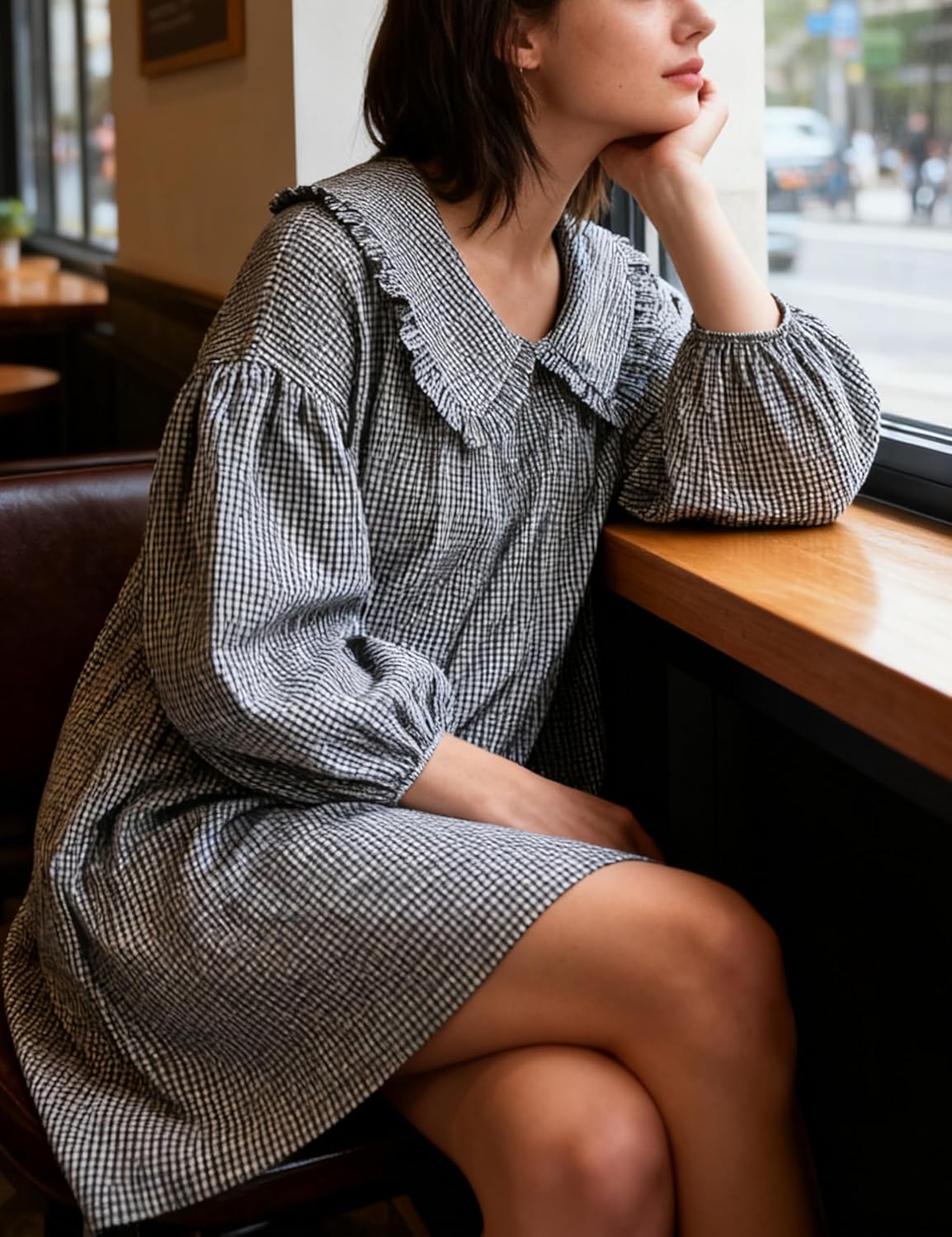 2026 Women's Babydoll 3/4 Puff Sleeve Plaid Mini Dress Lapel Doll Collar Loose Y2k Dress - Image 4