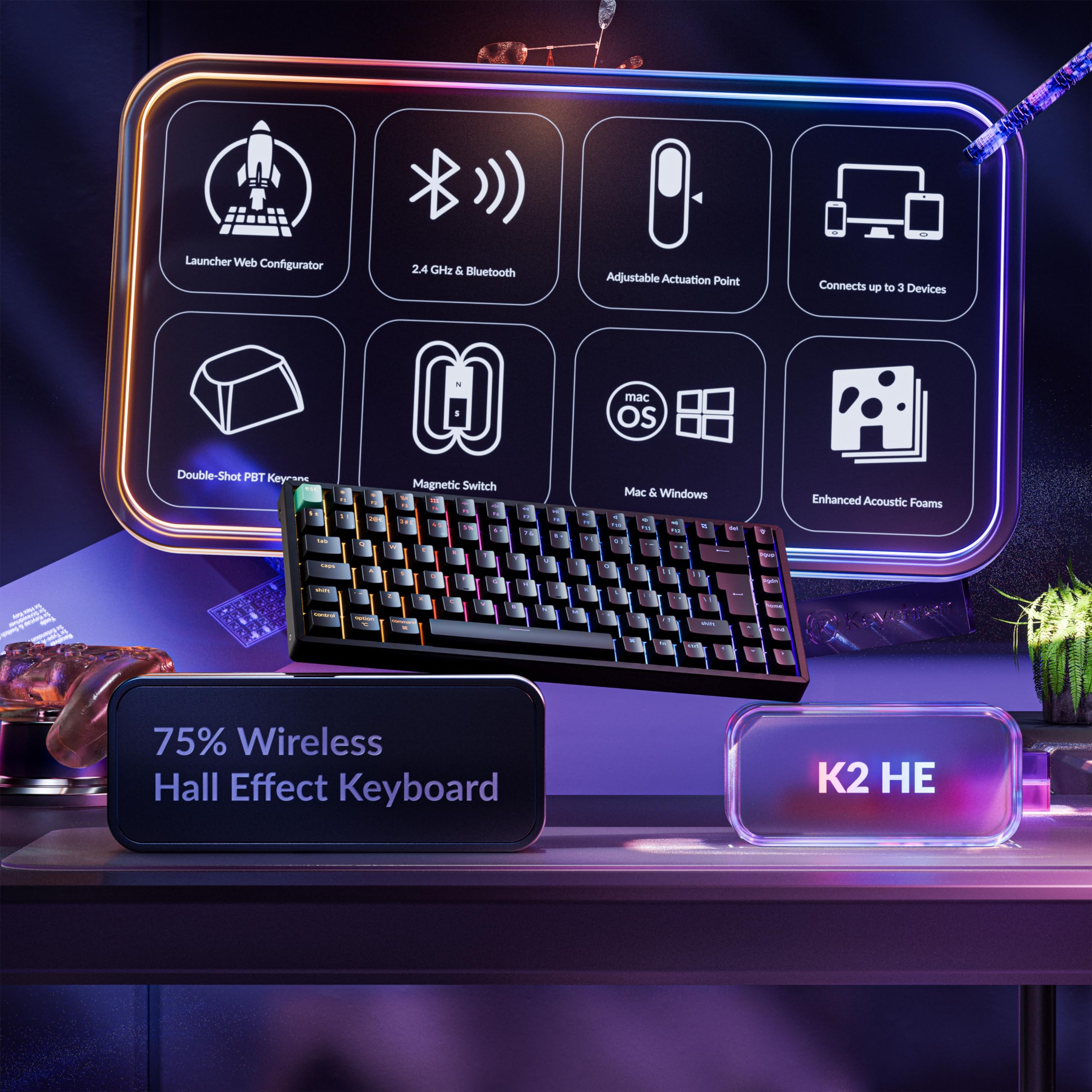 Keychron K2H-J1-UK tastiera Gaming USB + RF Wireless + Bluetooth QWERTY Inglese UK Nero (KEYCHRON K2H-J1-UK KEYBOARD) - Versione UK