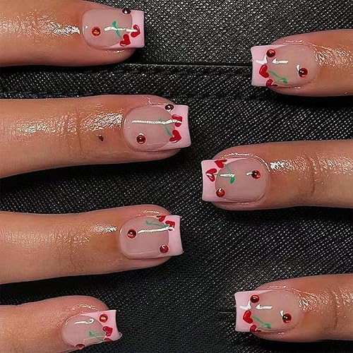 24pcs French Tip Press-On Nails Short Square False Nails Spring