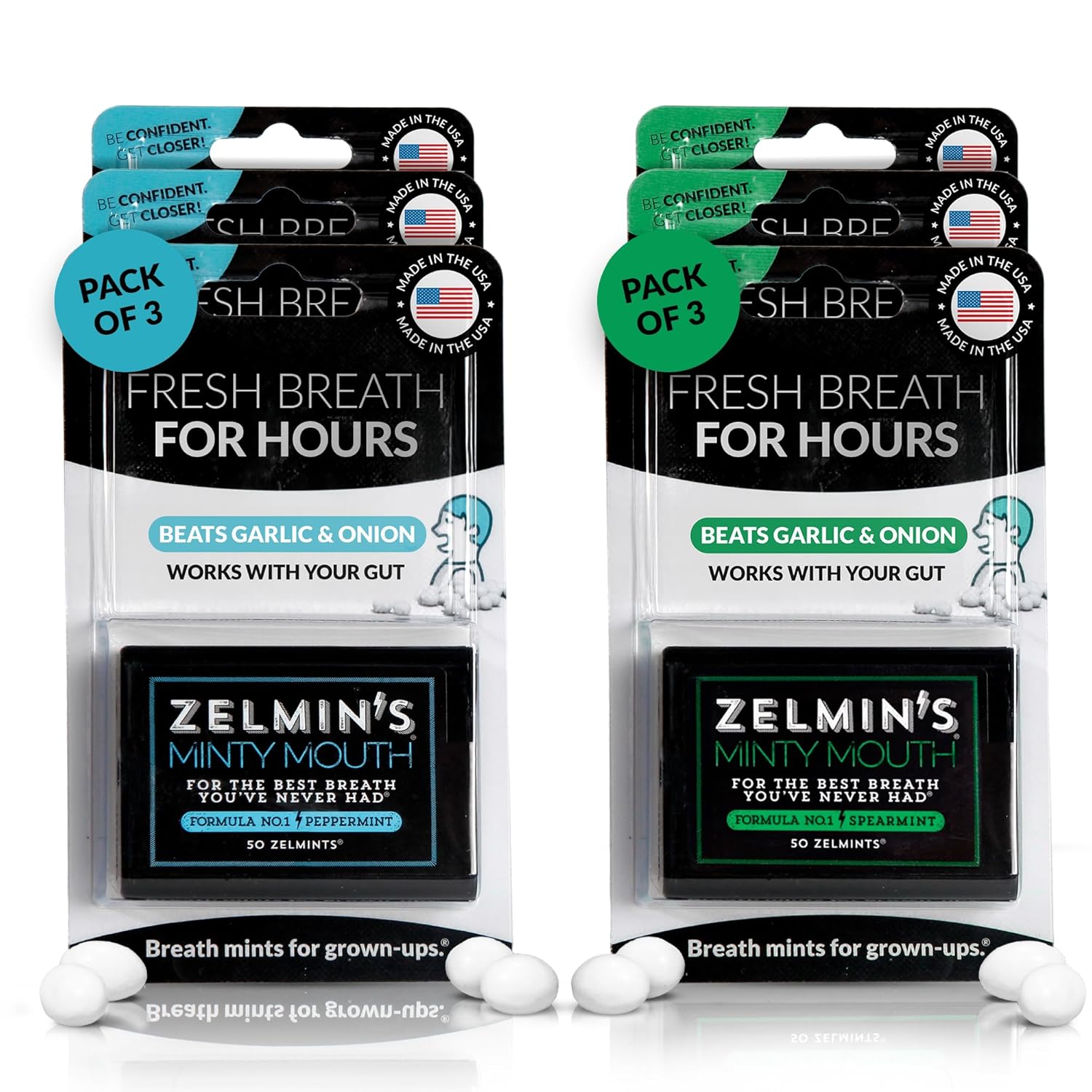 Zelmin's Minty Mouth Breath Freshener - Peppermint (3 Pack) + Spearmint (3 Pack) Long Lasting Bad Breath Treatment for Adults, Instant Freshness, Alcohol-Free, Keto, Gluten-Free, Helps with Dry Mouth