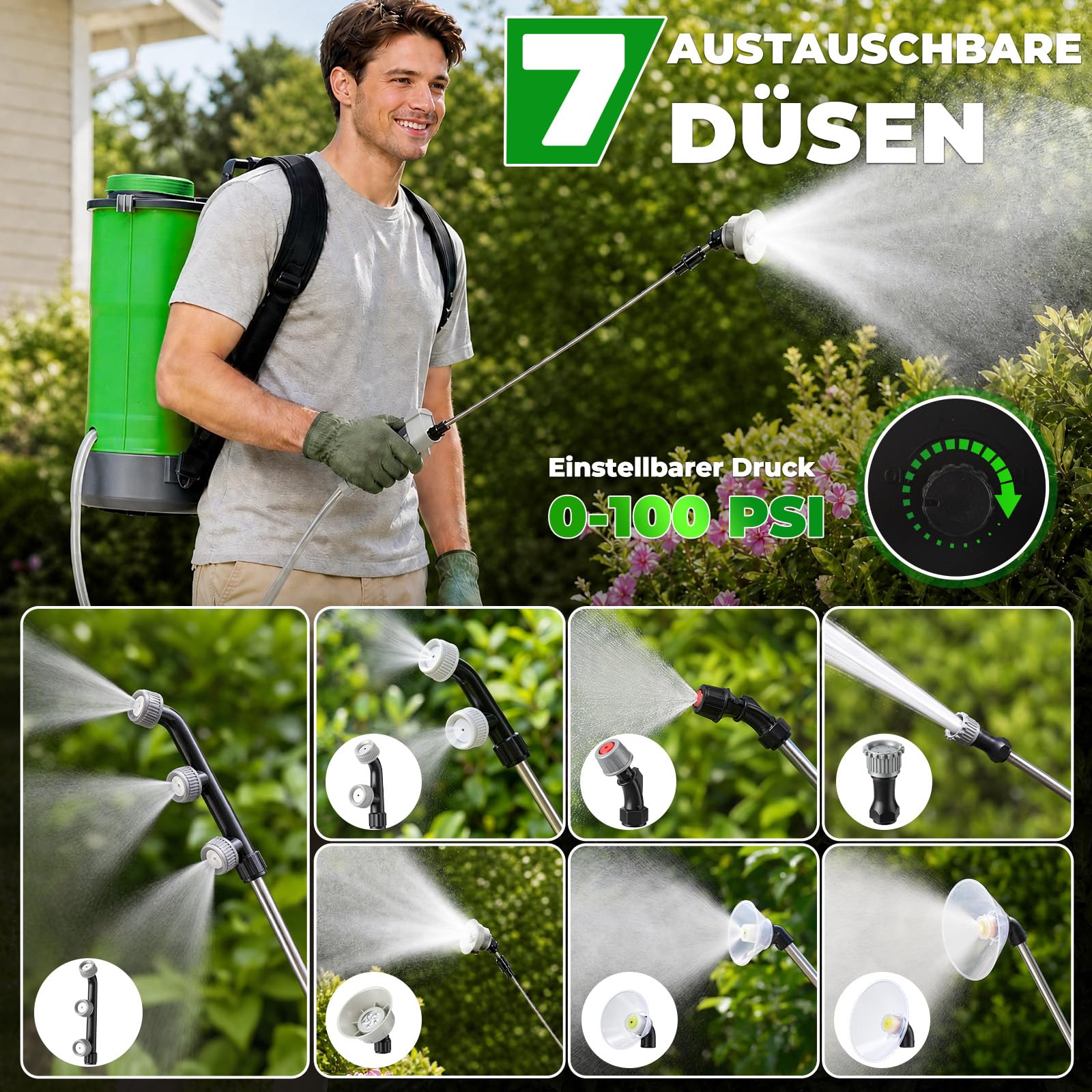 Pulverizador a presión con batería de 18L con 2 baterías de 21 V y 4,0 Ah, jeringa de espalda con presión de 0-100 PSI, sistema de agitación, 7 boquillas y lanza telescópica, para jardín