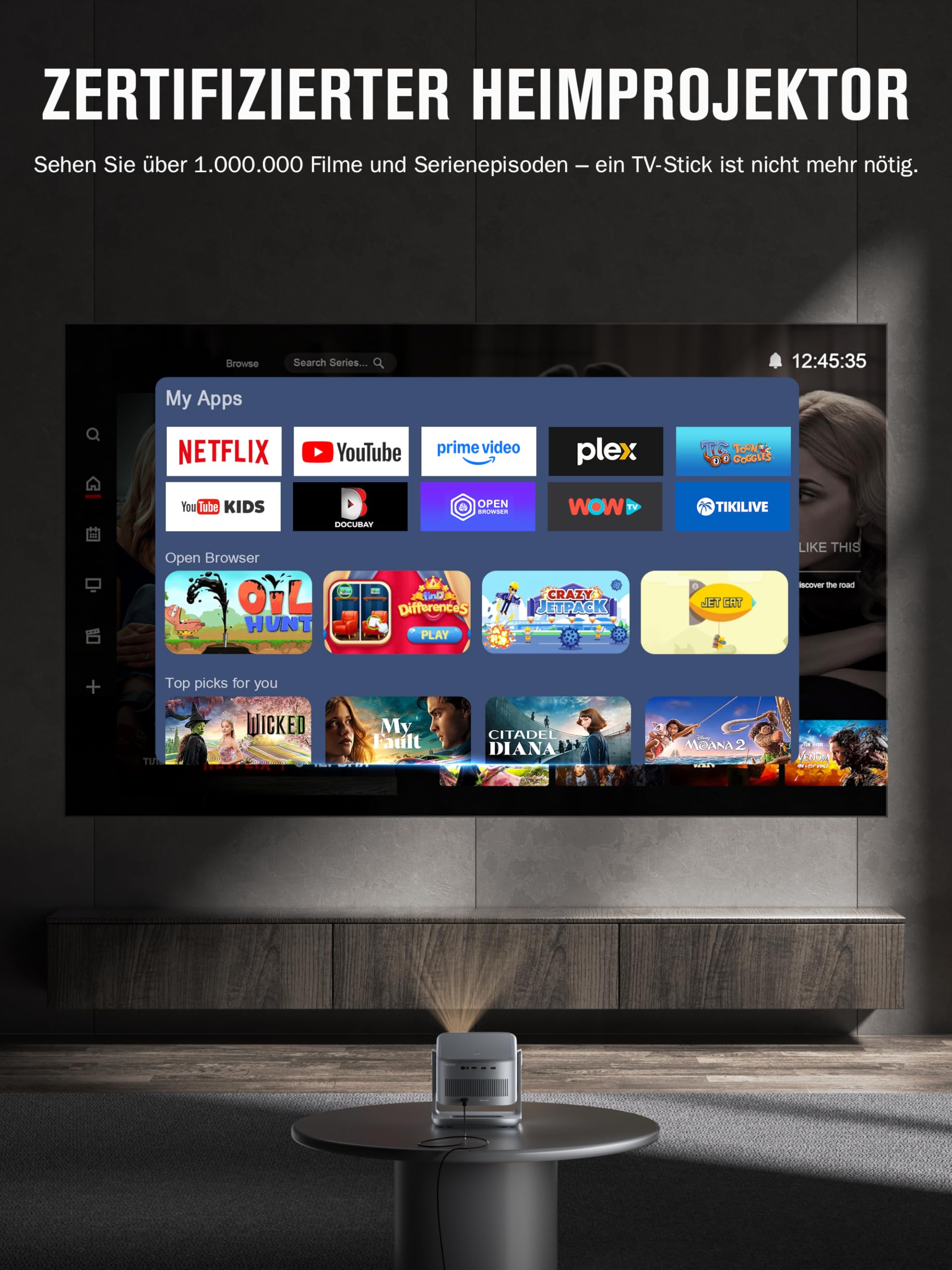 VISSPL Smart Beamer 4K Heimkino Projektor 30000 Lumen 3D Dolby Audio Autofokus WiFi6 Bluetooth 360° Standfuß Grau