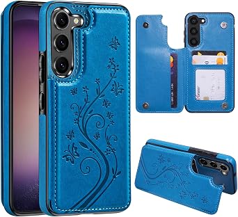 Korecase for Samsung Galaxy S23 Fe Wallet Phone Case Aesthetic Embossing Butterfly Flower PU Leather Double Magnetic Clasp Back Flip Case with Credit Card Holder Shock Proof Anti-Slip Blue