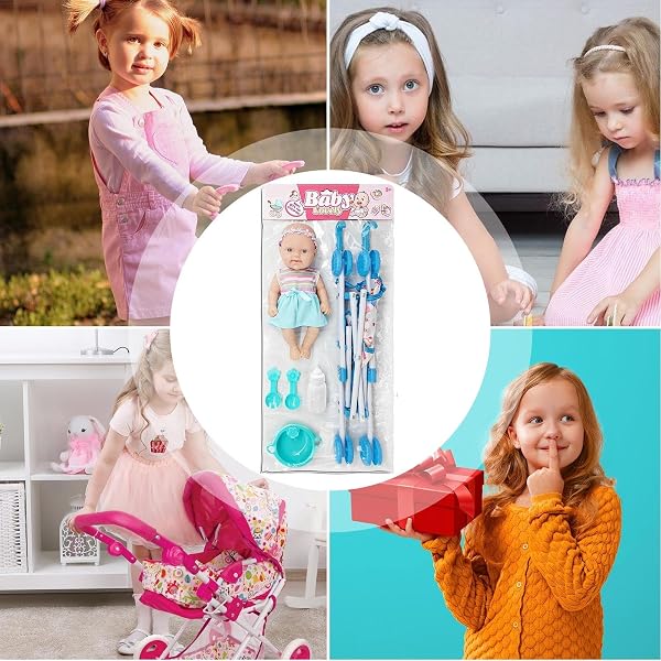 Tanxier Ensemble De Jeu De Simulation De Poupées,Ensemble de Jouets pour pour Tout-Petits pour Filles,Jeu de poupées avec Poussette 10 Pouces avec Accessoires - 4