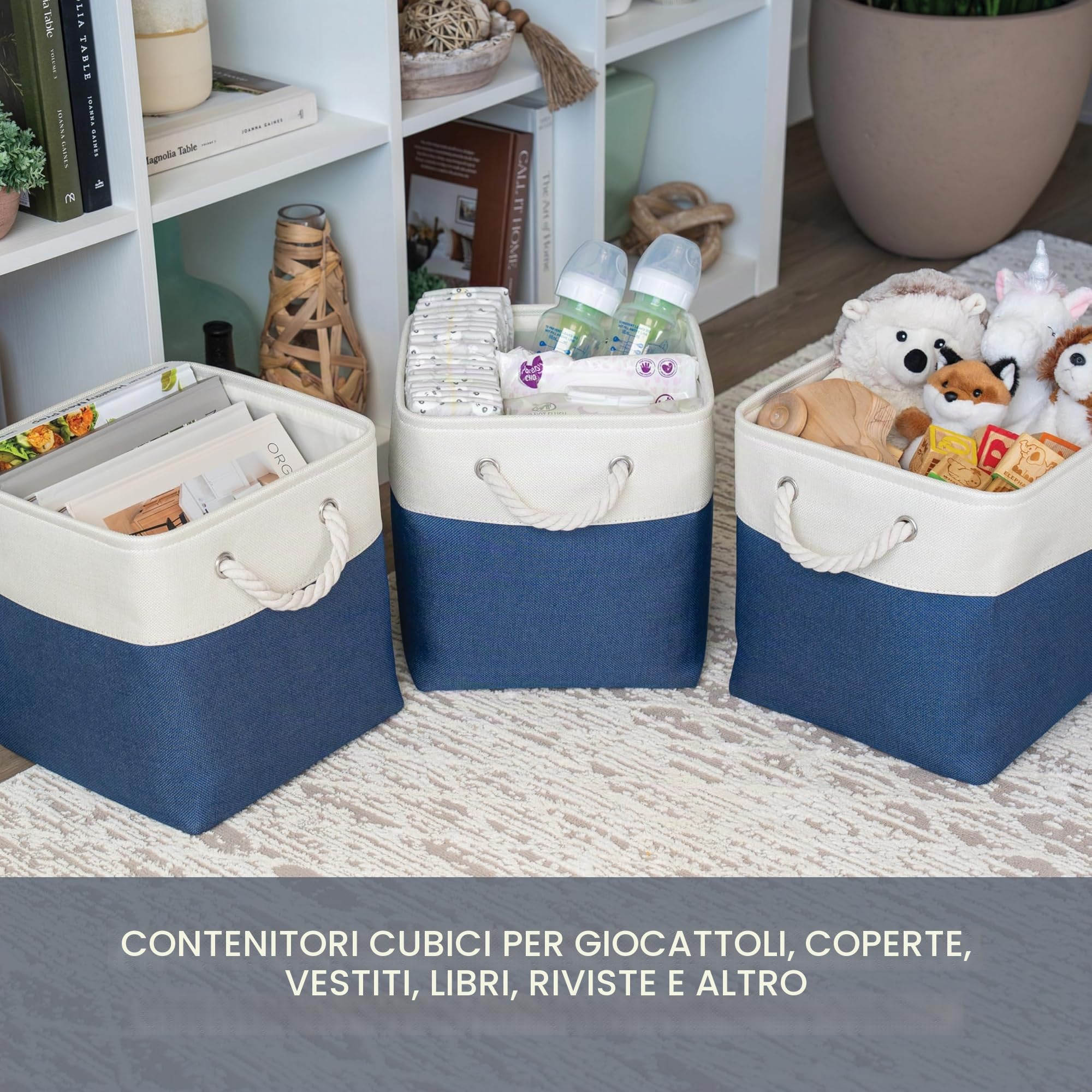 OrganiHaus Set di 4 Cubi Scatole Portaoggetti 30x30, Cestini Portaoggetti in Tessuto con Manici in Corda, Cubi Portaoggetti Pieghevoli per Libreria Kallax, Cestino per la Cameretta. Blu navy
