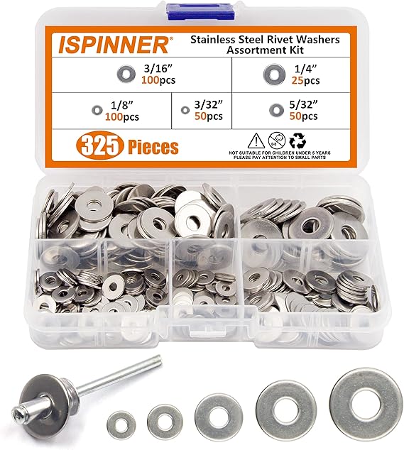 ISPINNER 325pcs Backup Rivet Washers Assortment Kit, Stainless Steel