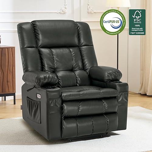 Miniatura 12 de MCombo Silla reclinable eléctrica de doble motor para personas mayores, silla elevadora plana con calor y masaje, portavasos, puertos USB, piel