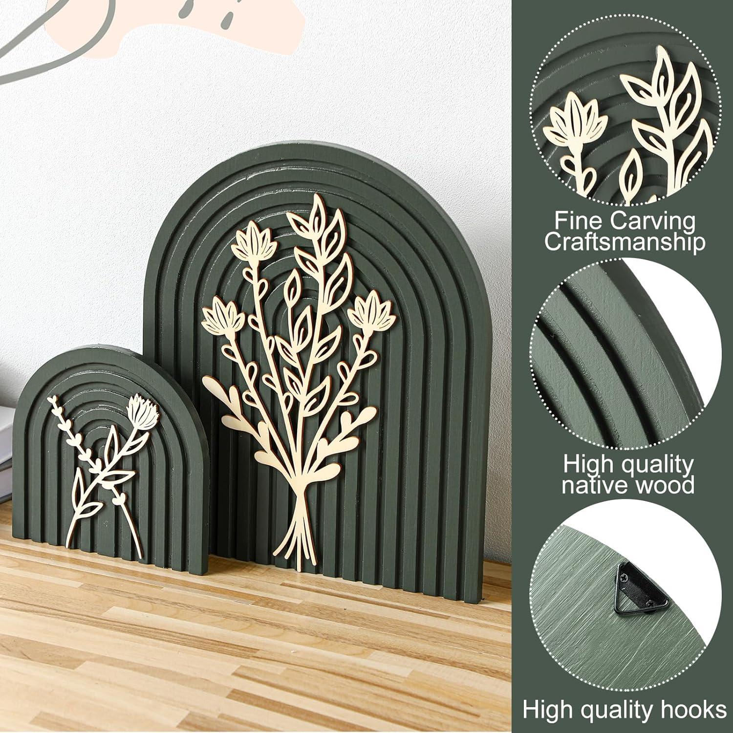 Cinnvoice Set of 2 Wood Rainbow Arches Boho Decor Boho Rainbow Arch Rustic Farmhouse Art for Shelves Farmhouse Wall Decor Floral Mid Century Home Wall Art for Living Room Kitchen Bedroom(Green,Gold)