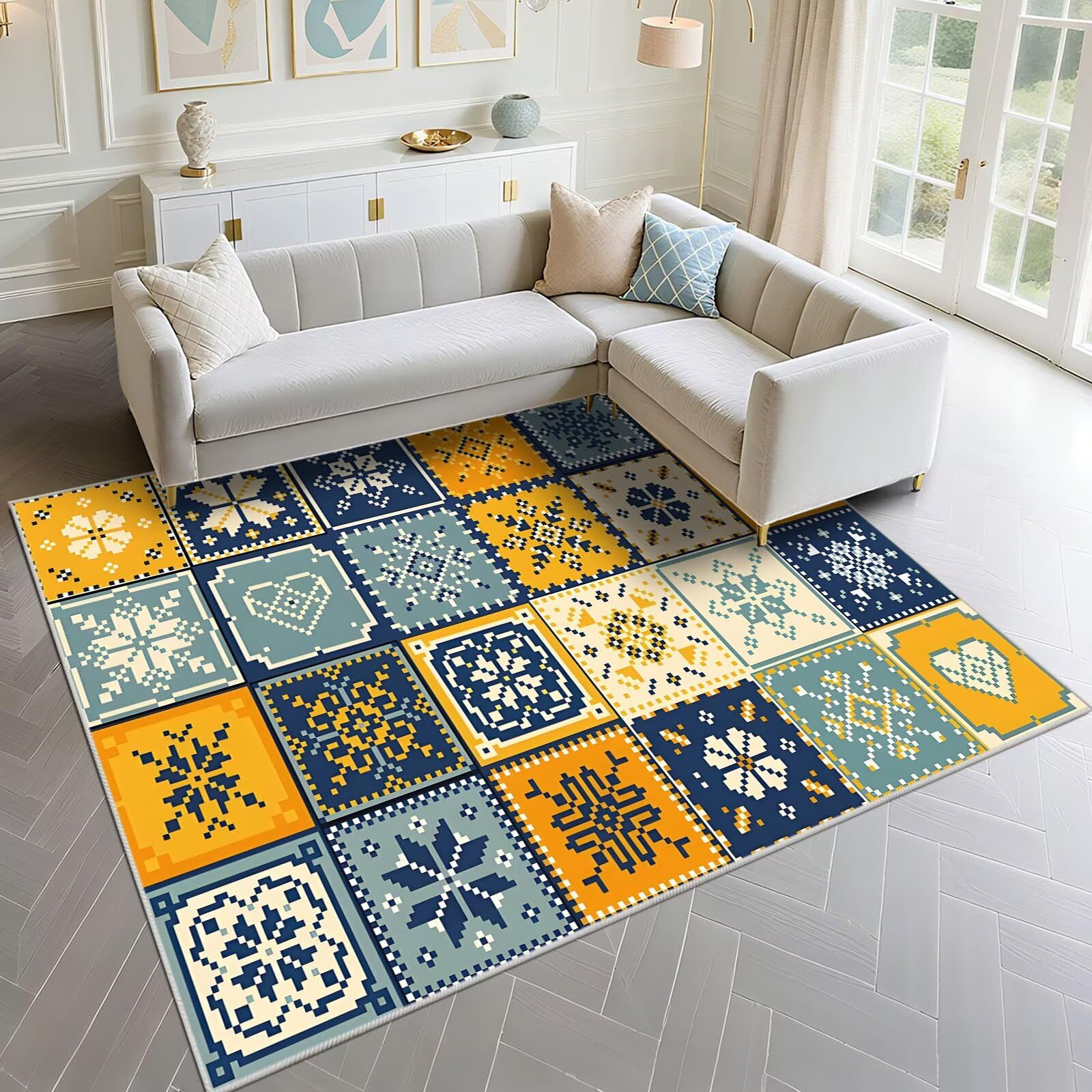 Tapis antidérapant 70x100cm tapis d'entrée de couloir ethnique jaune et bleu
