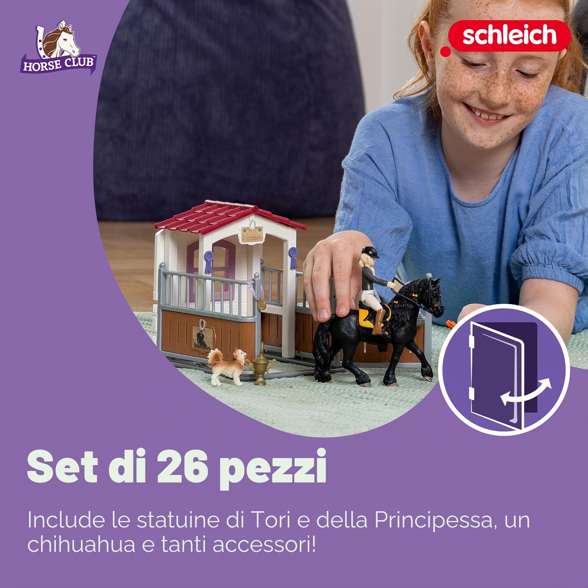 Schleich HORSE CLUB | Box per cavalli con Tori & Princess 42437 | set con scuderia, figura bambina snodabile, cavallo, cane, recinto e accessori | giocattolo cavalli per bambini dai 5 anni | 26 pezzi