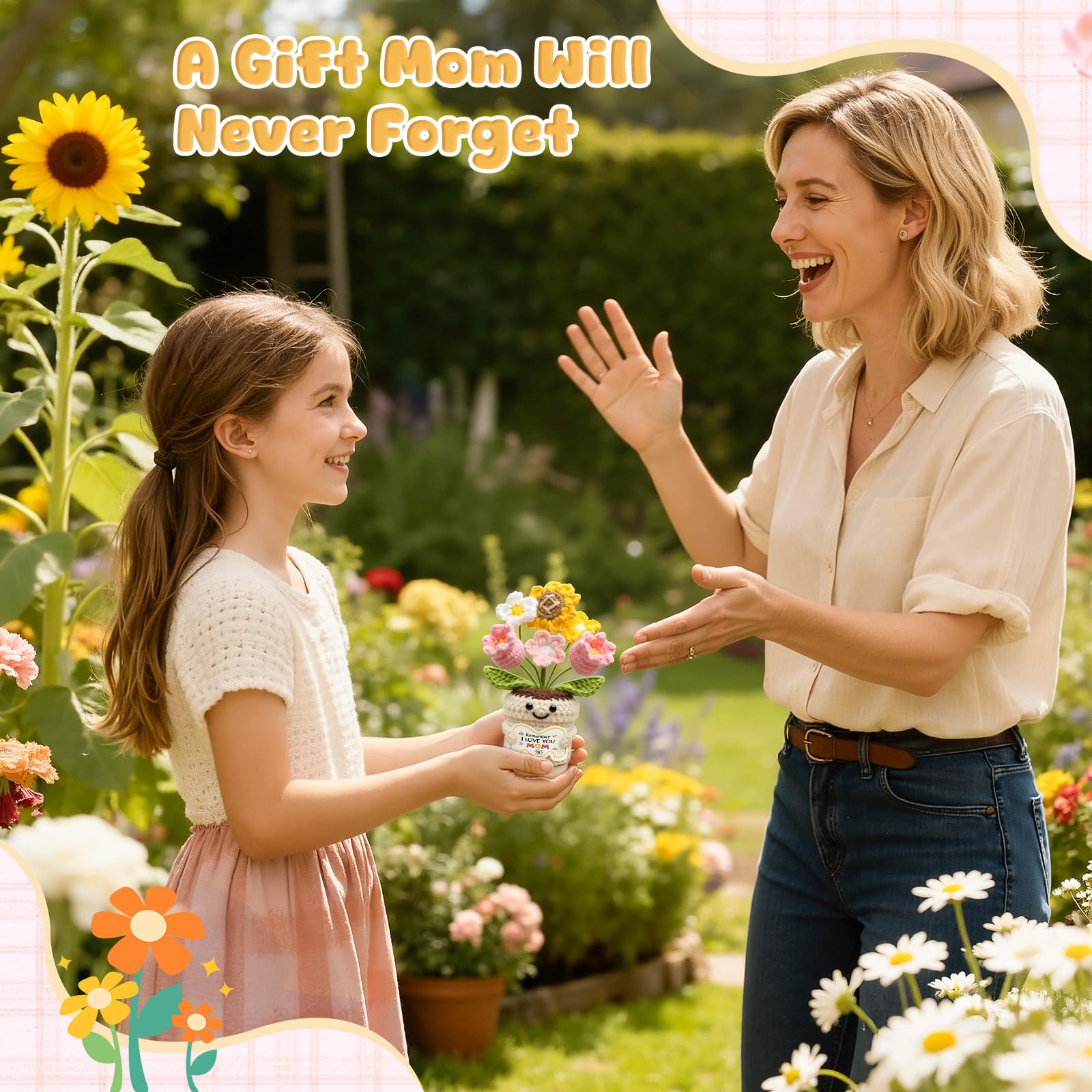 Gifts for Mom, Mothers Day Gifts for Mom from Daughter Son, Mom Birthday Gifts, Crochet Flower Pot, Handmade Knitted Sunflower Tulip, Cute Mom Gifts Desk Decor Positive Emotional Support Gift - 3