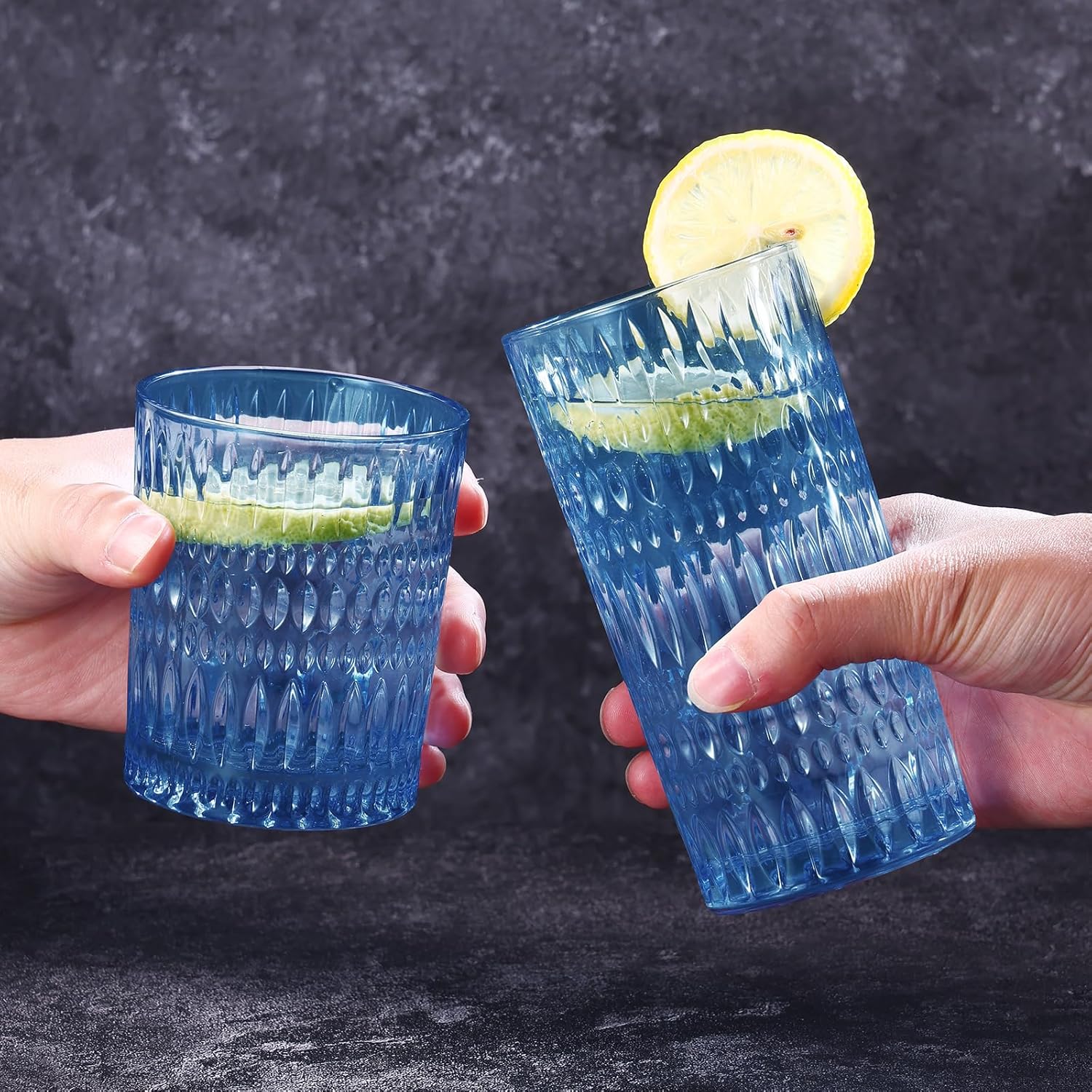 Glassware Drinking Glasses Set of 8, 14 oz Highball Glasses & 10 oz Ribbed Glass Cups, Vintage Glassware for Water, Juice, Cocktail, Whiskey (Blue) - Image 3