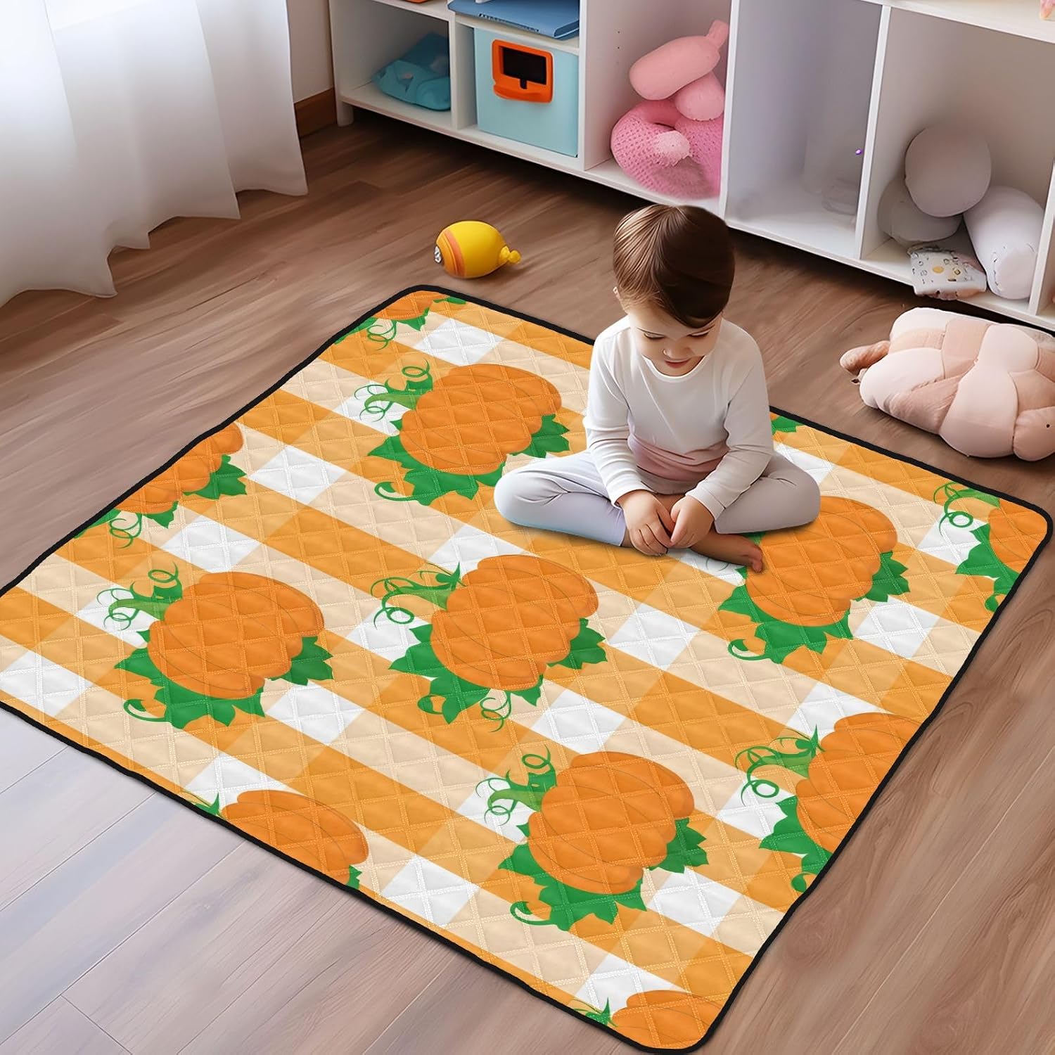Doodle Pumpkins Baby Play Mat, 50“ X 50” Washable Folding Crawling Mat, Baby Floor Mat, Soft, Non-Slip