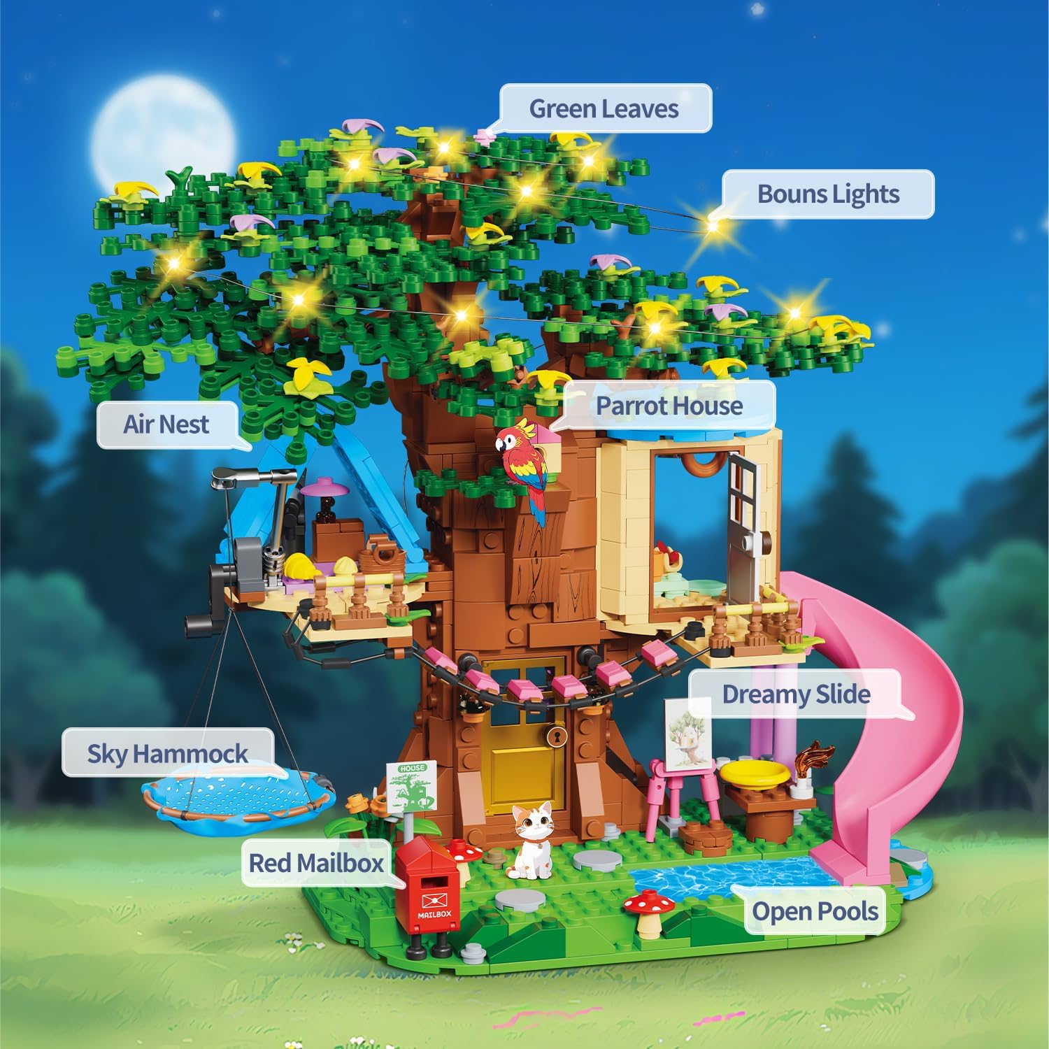 Treehouse Girls Forest Building Set 731PCS Compatible with Lego Friends, Fun Tree House Building blocks Kit Toys with Cat, Slide and Sky Hammock, Christmas Birthday Gifts for Kids Girls 6-12 Years Old