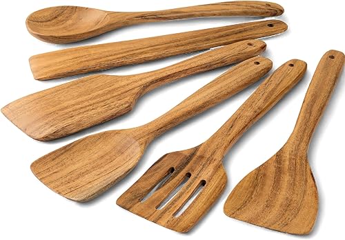 Miniatura 6 de Mie Creations Juego de 6 espátulas de madera de acacia para cocinar, 6 utensilios de cocina de madera para sartenes antiadherentes y utensilios de
