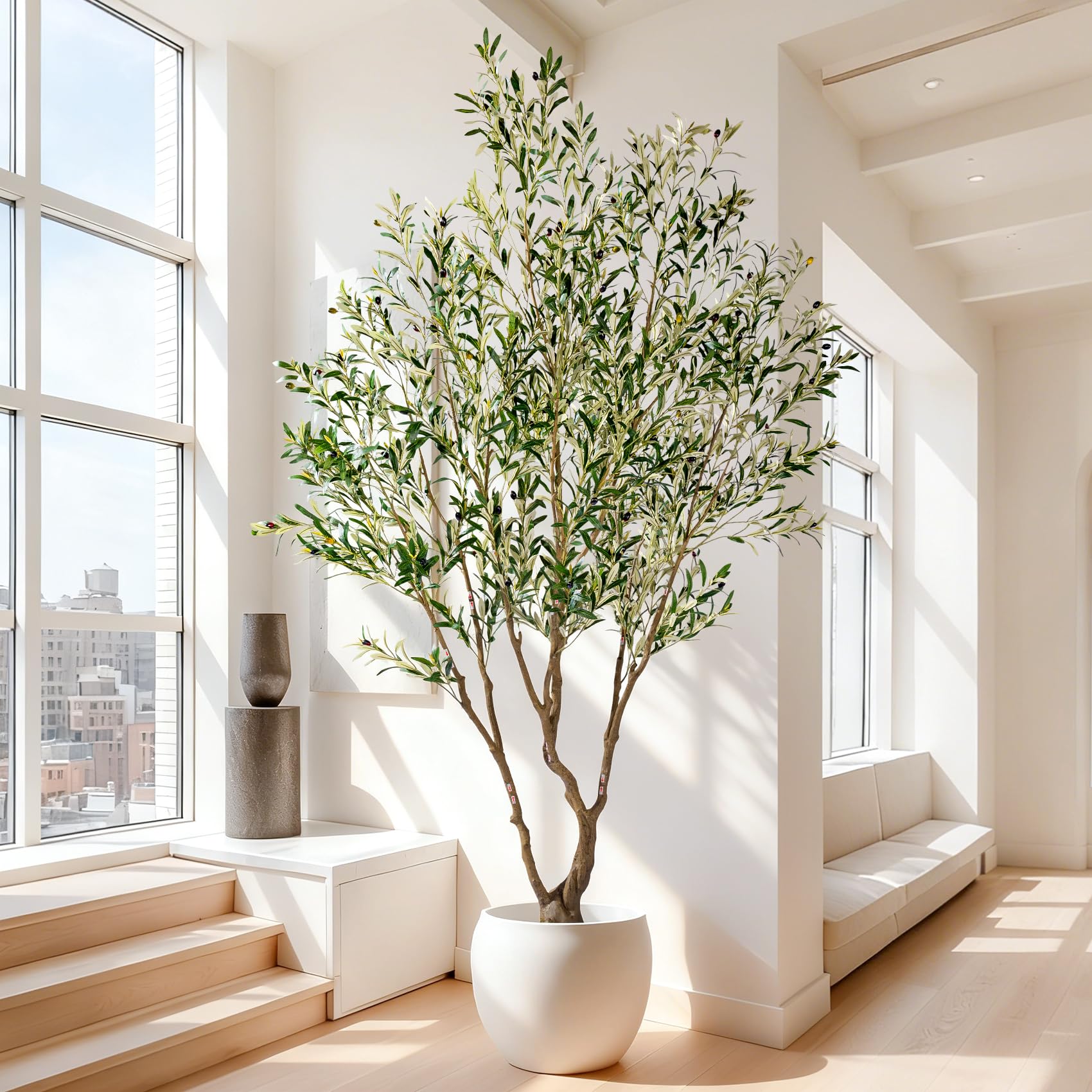 7ft Faux Olive Tree with Pot & Moss Artificial Olive Plant Fake Olive Tree for Home Decor, Large Indoor Artificial Trees Faux Plants Indoor Durable Artificial Trees for Living Room/Office box 1/2 
