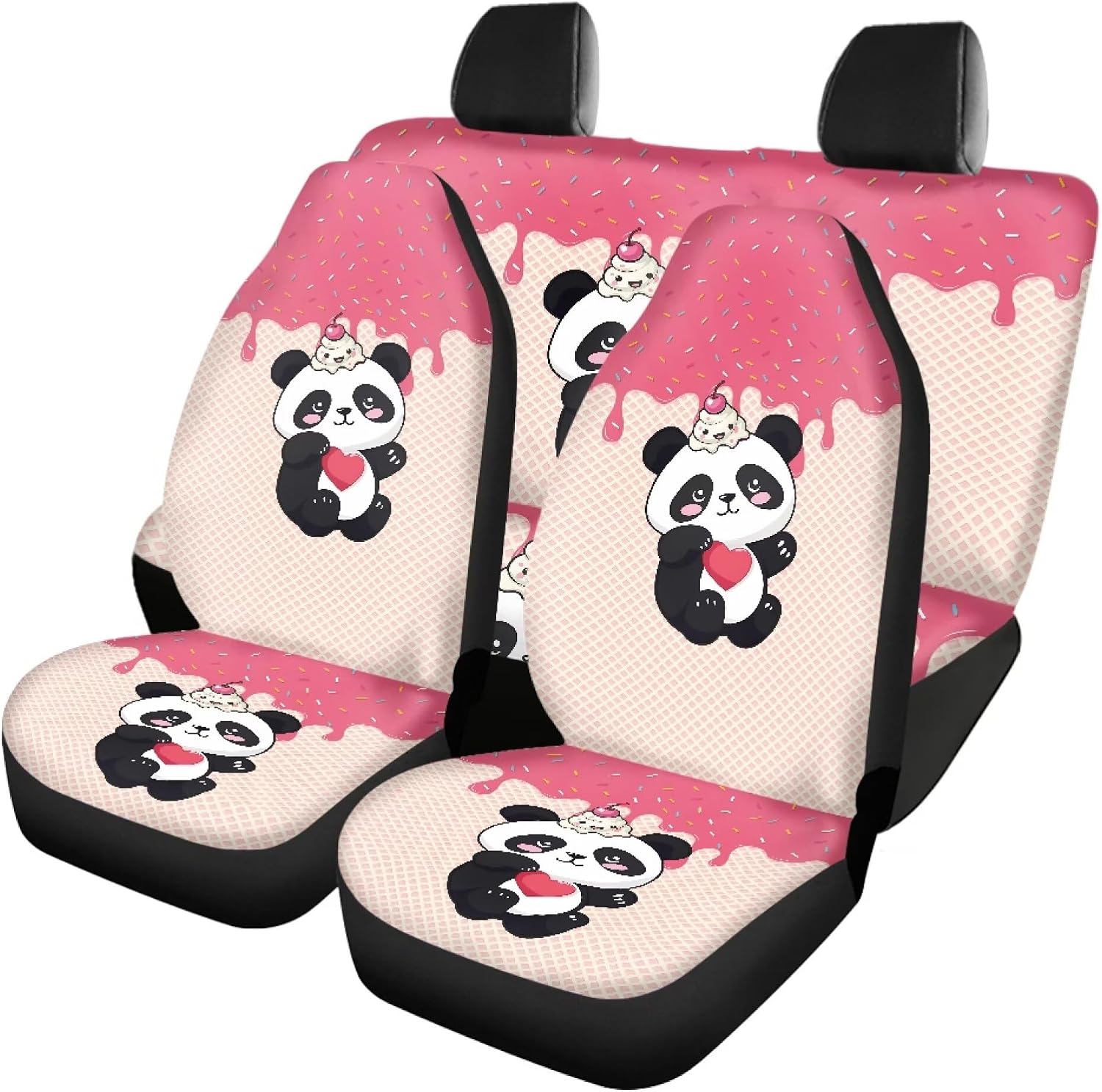 Panda Cream Cake Pink Car Seat Covers Full Set Universal Auto Low Back Front Washable Seat Covers Split Bench Rear Seat Protector