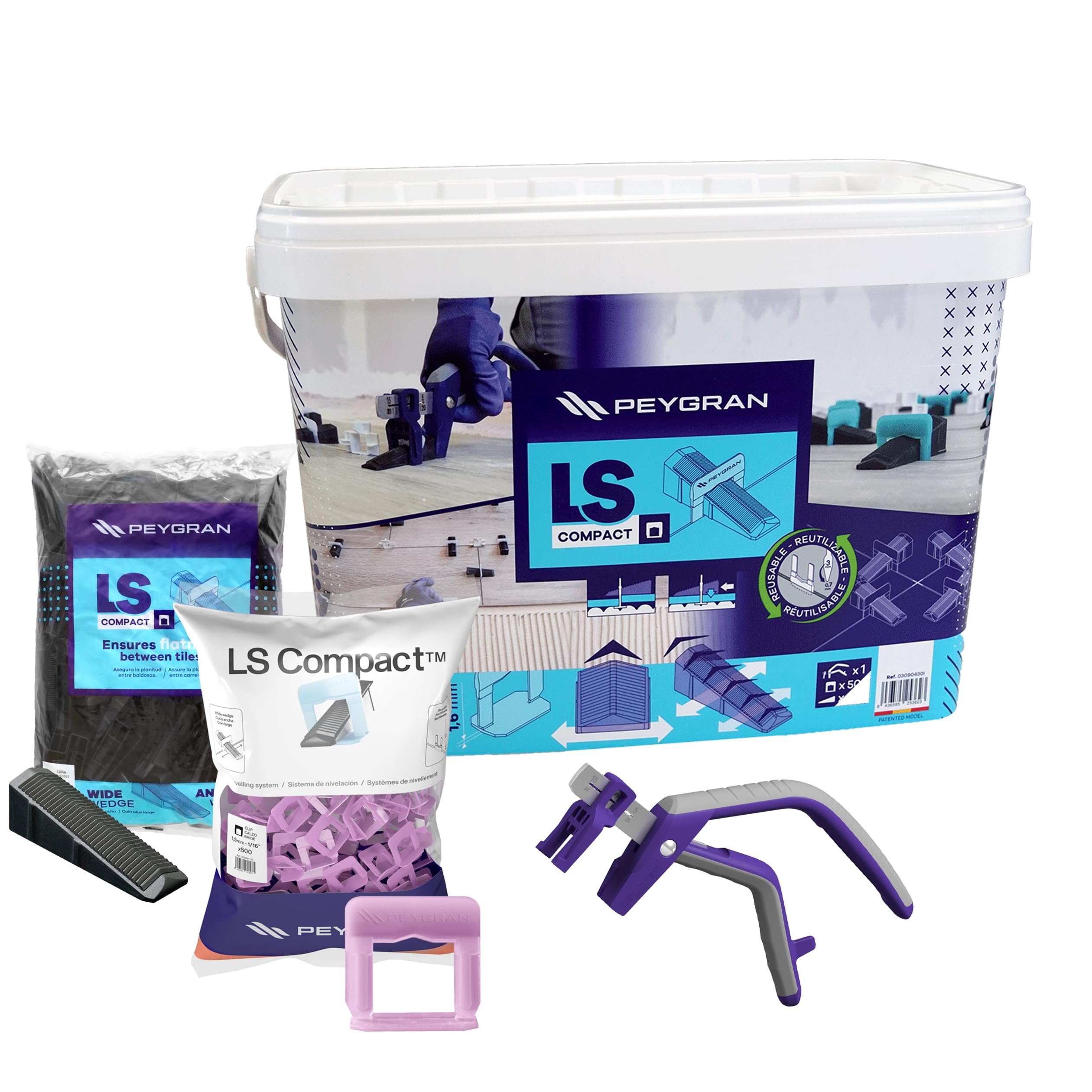 Peygran LS Kompaktowy system poziomowania płytek Super KIT 1/16 (1,5 mm) zawiera szczypce, 500 klipsów, 200 klinów i poręczne, trwałe wiadro. Bez zmarszczek i idealna instalacja płytek dla